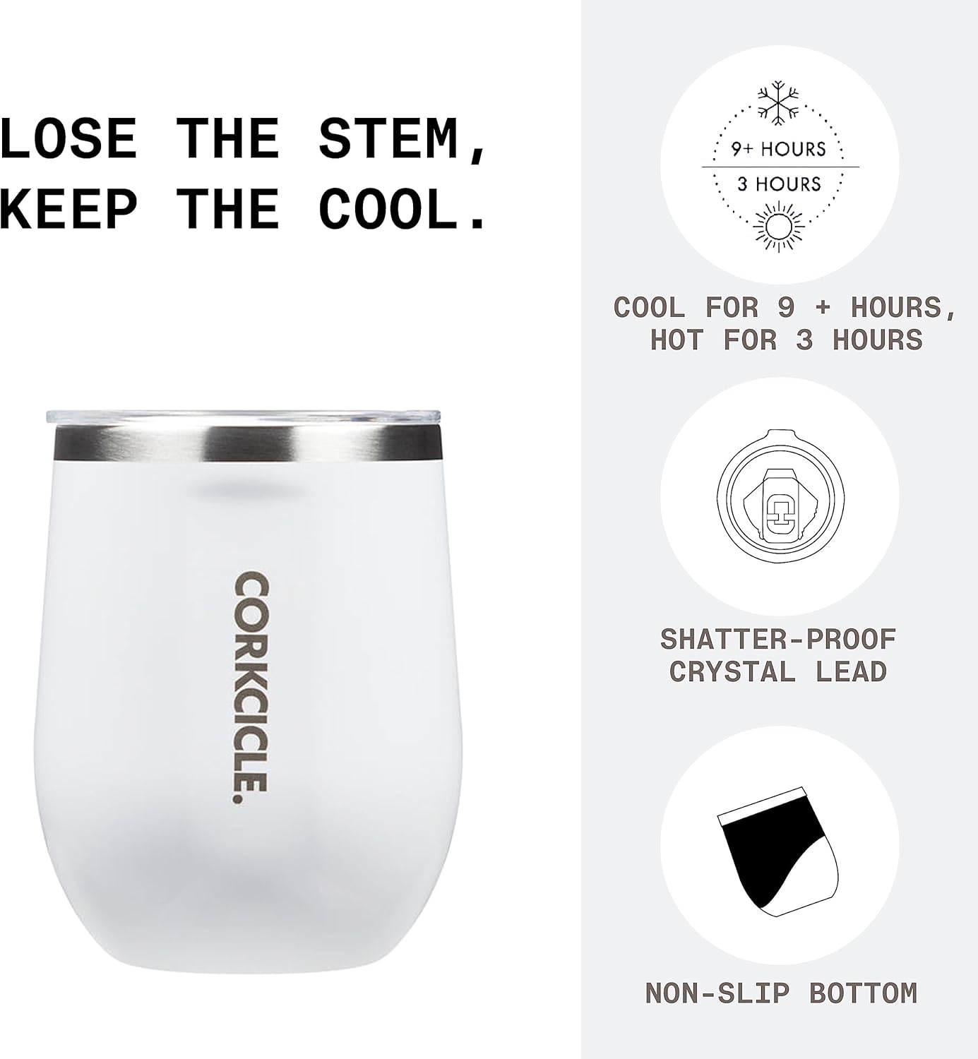 Corkcicle Stemless Wine Tumbler - Keeps Drinks Cold for 6 Hours - Triple-Insulated Stainless Steel - Non-Slip Base - Summer Drinkware Gift - Keeps Drinks Ice Cold - 12 oz - Gloss White