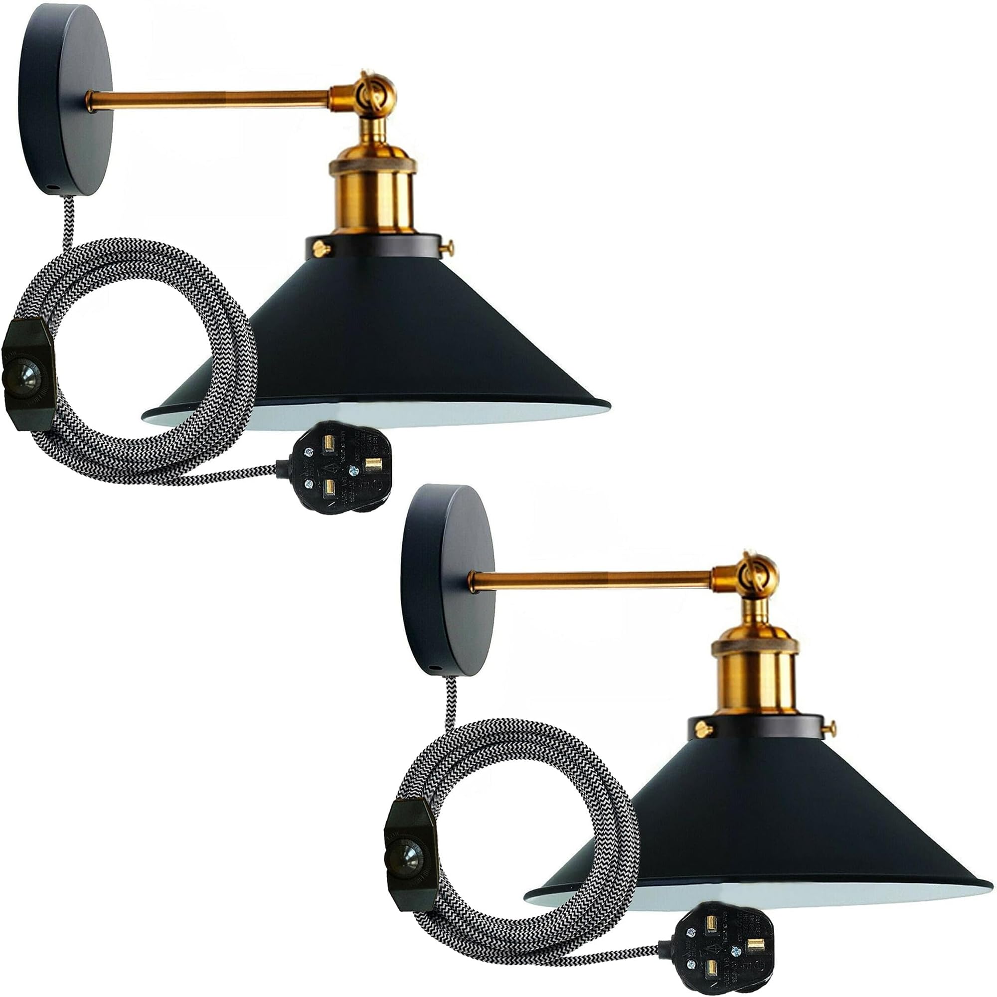 LEDSone 2 Pack of Retro Industrial Plug-in Wall Light Metal Cone Shape Shade Indoor Light Fitting 2m Cable with Dimmer Switch for Bedroom Hallway Restaurants (Black 2 Pack, Without Bulb)