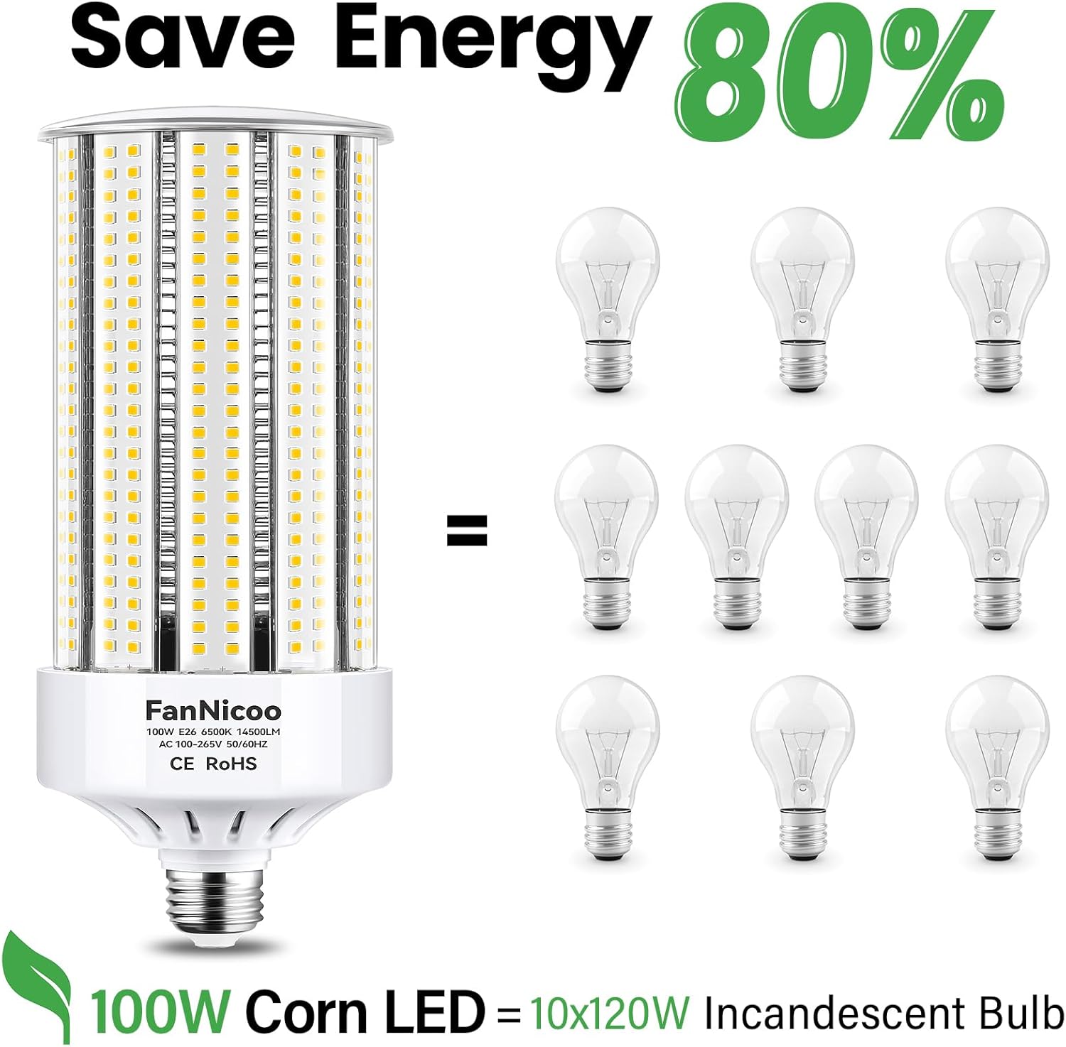 2 Pack 1200W Equivalent 100W LED Corn Bulbs 14500 Lumen 6500K Daylight White Corn Light Bulb Super Bright E26/E39 Base LED Corn Light Bulb for Commercial Industrial Lighting Warehouse Workshop Street