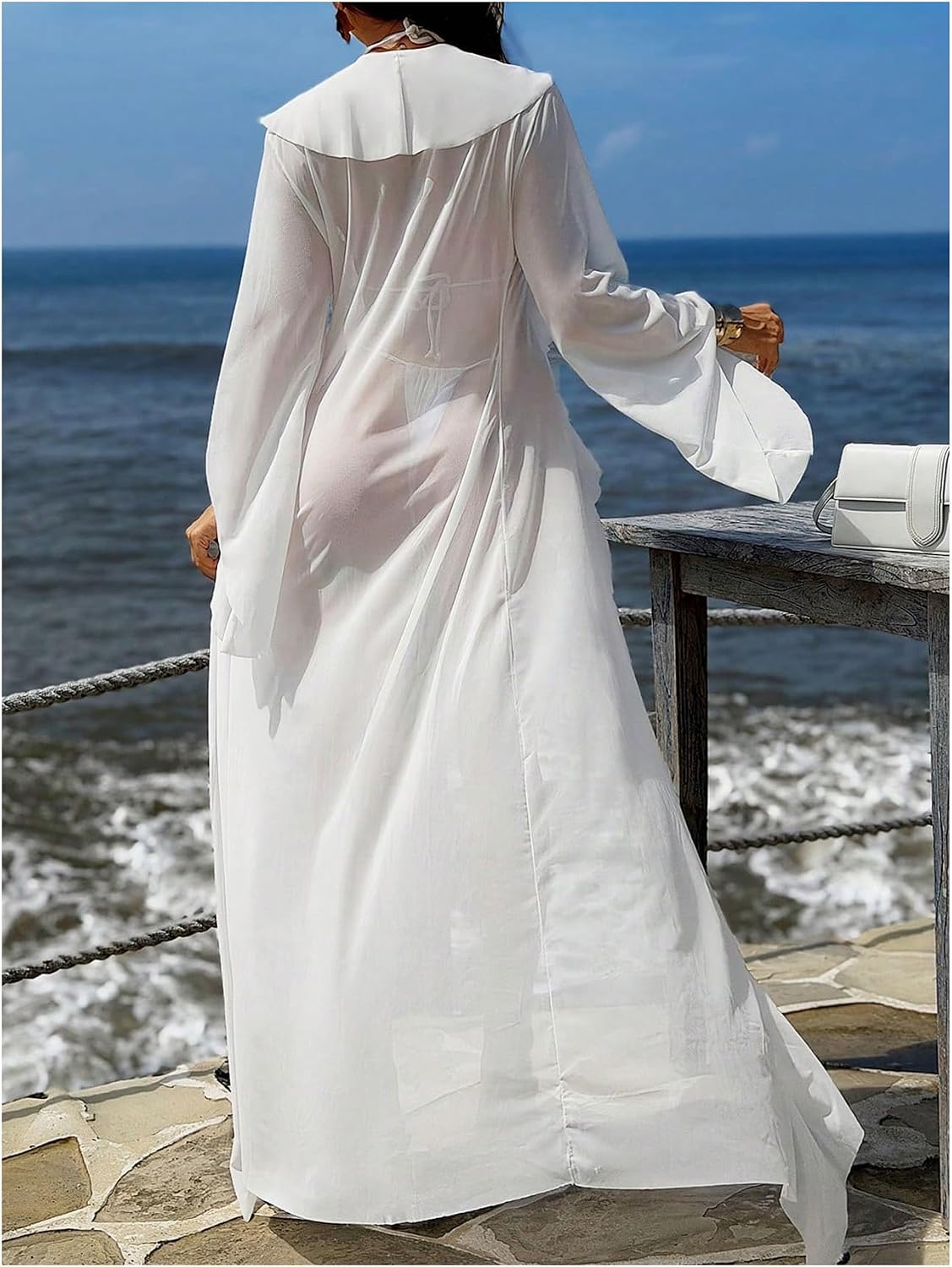 WDIRARA Women's Ruffle Tie Front Long Kimono V Neck Long Flare Sleeve Beach Coverups