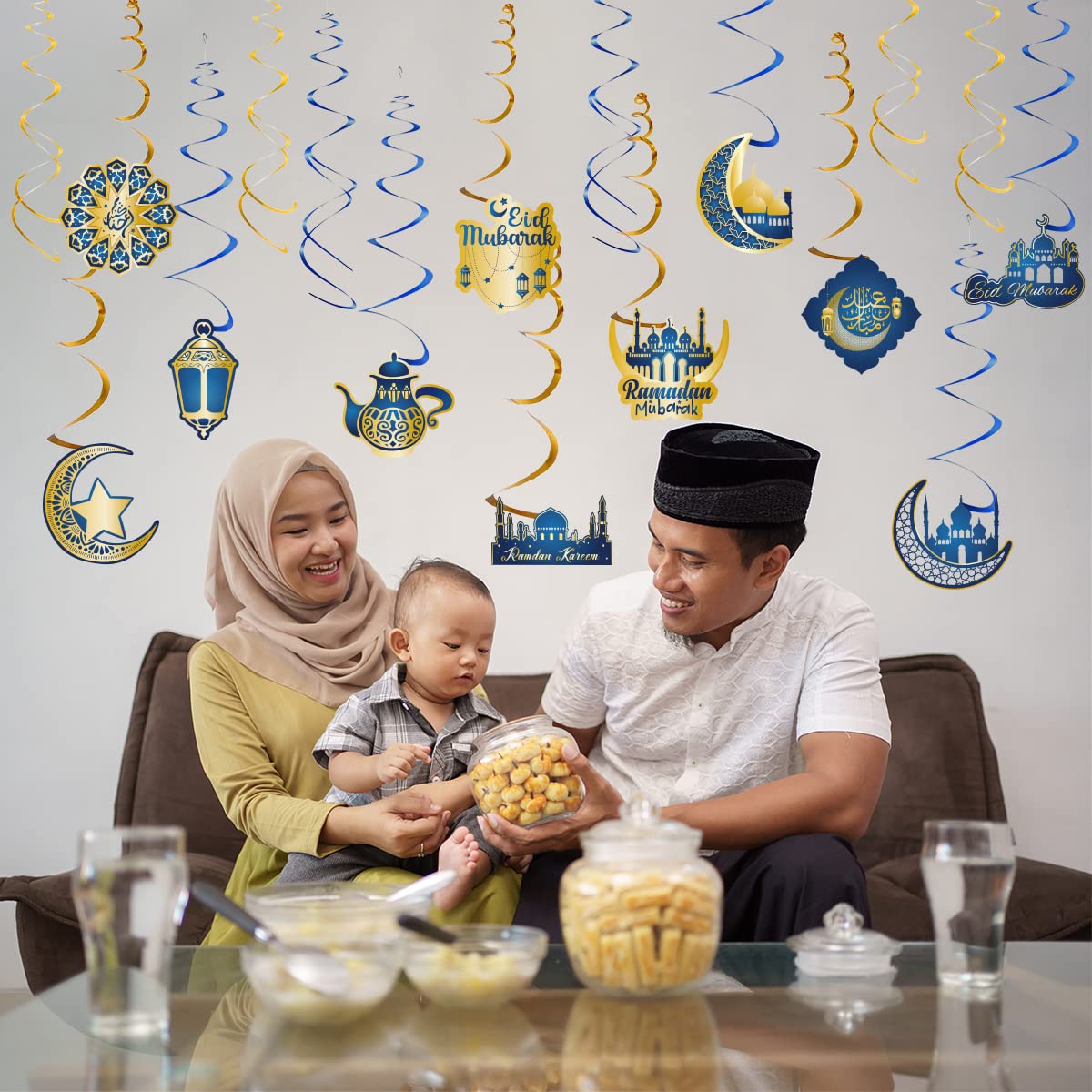 No Assembly Required]4pcs Ramadan Decor, Ramadan Kareem Banner Eid Mubarak Decorations, Ramadan Banner, Eid Mubarak Al-Fitr Iftar Party Favor Hang Bunting Supplies for Home Tree Fireplace Wall