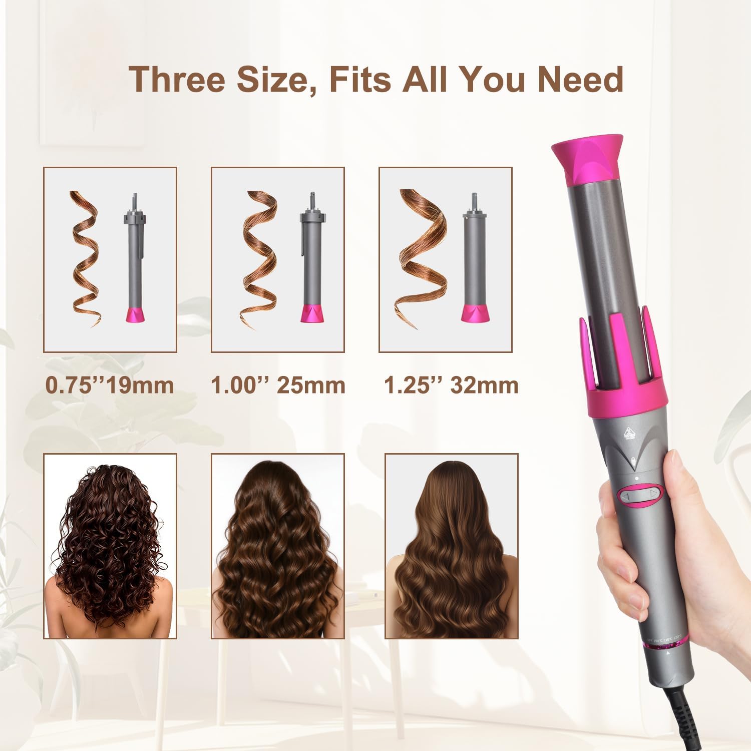 Automatic Hair Curler for Long Hair, Automatic Rotating Curler Wand 0.75inch/1inch/1.25inch Interchangeable Ceramic Barrels, Fast Curling Wand Set, 3 in 1 Curling Iron for Women