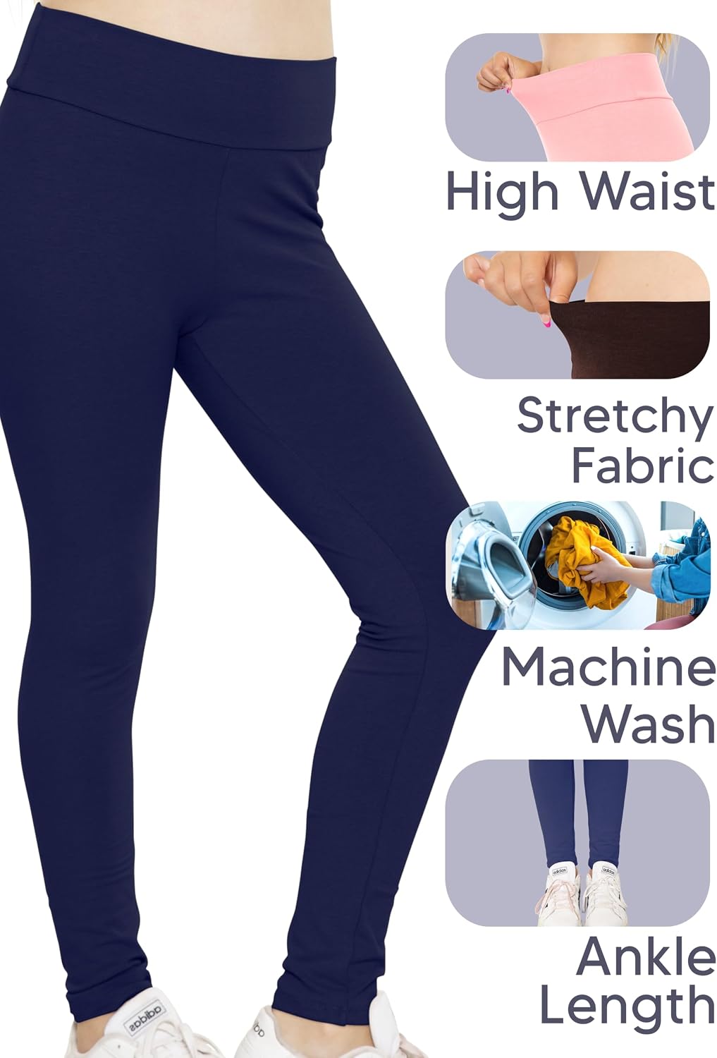 STRETCH IS COMFORT High Waist Cotton Girls Leggings Pants and Bike Shorts | 95% cotton 5% spandex, 4 way stretch, ankle or short length options, school, dance, layering, leggings for girls, girls pants