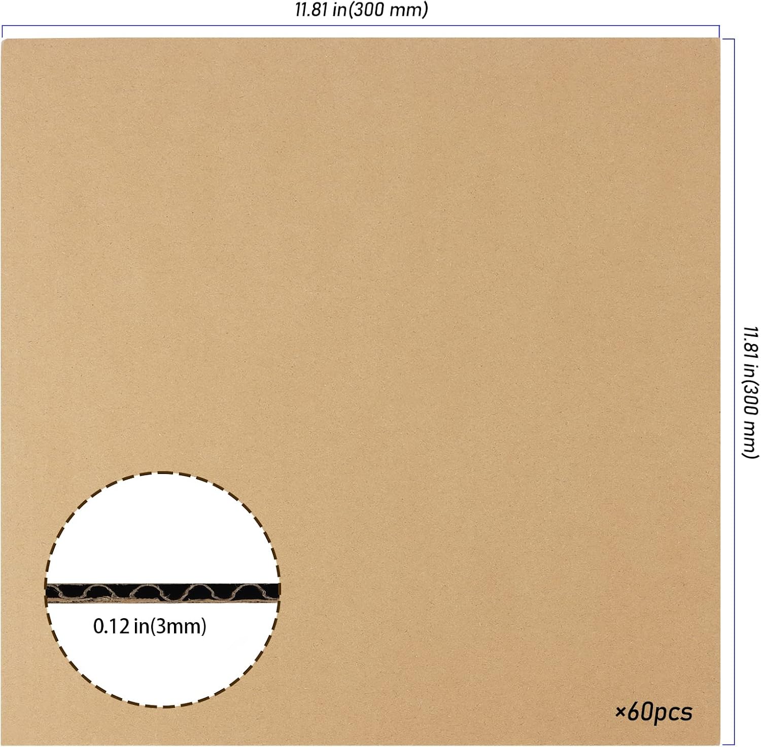 60 Pack 12 x 12 x 1/8 Inch Corrugated Cardboard Sheets, 3mm Thick Cardboard Squares, Flat Packaging Inserts for Shipping, Mailing, DIY and Crafts