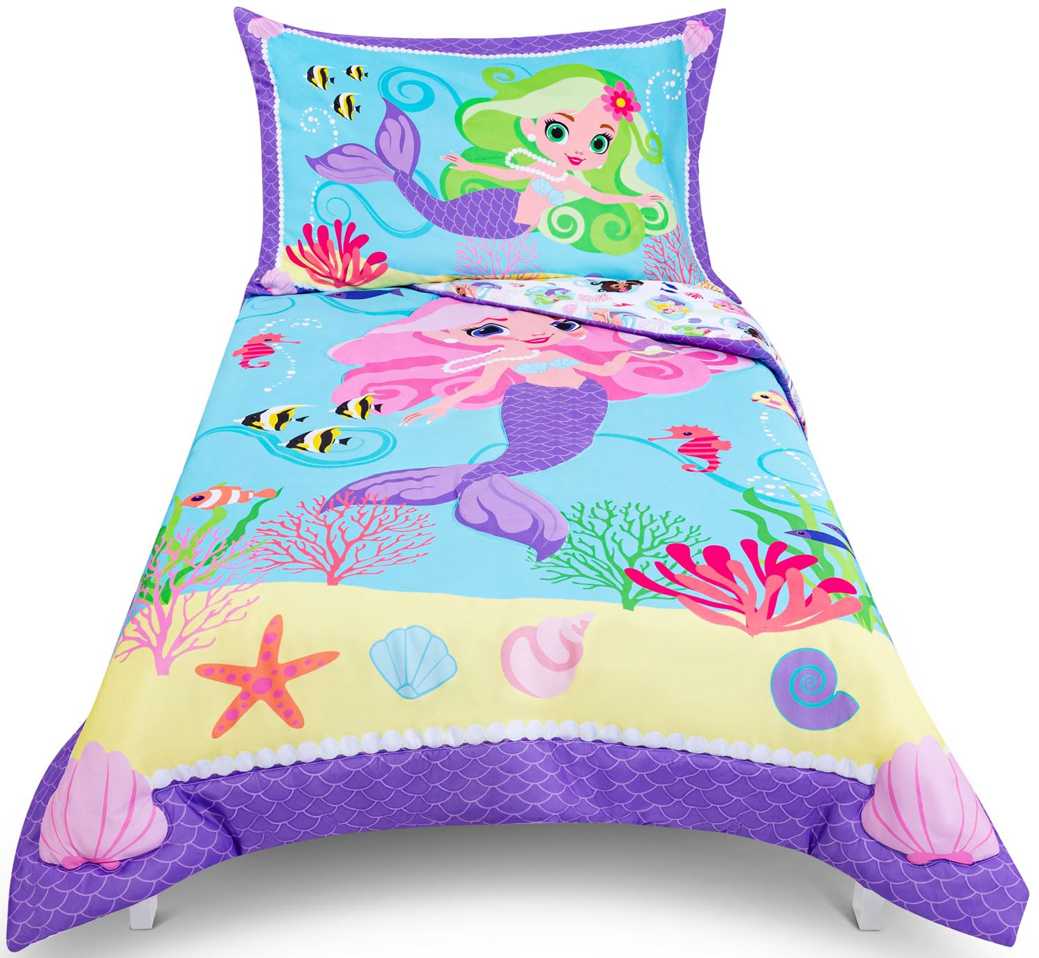 Todays Kids Mermaids Toddler Bedding Set for Girls - 4-Piece Toddler Bed Sheets and Comforter Set, Reversible Comforter &amp; Pillowcase, Flat Sheet, Fitted Sheet, Breathable &amp; Super Soft Microfiber