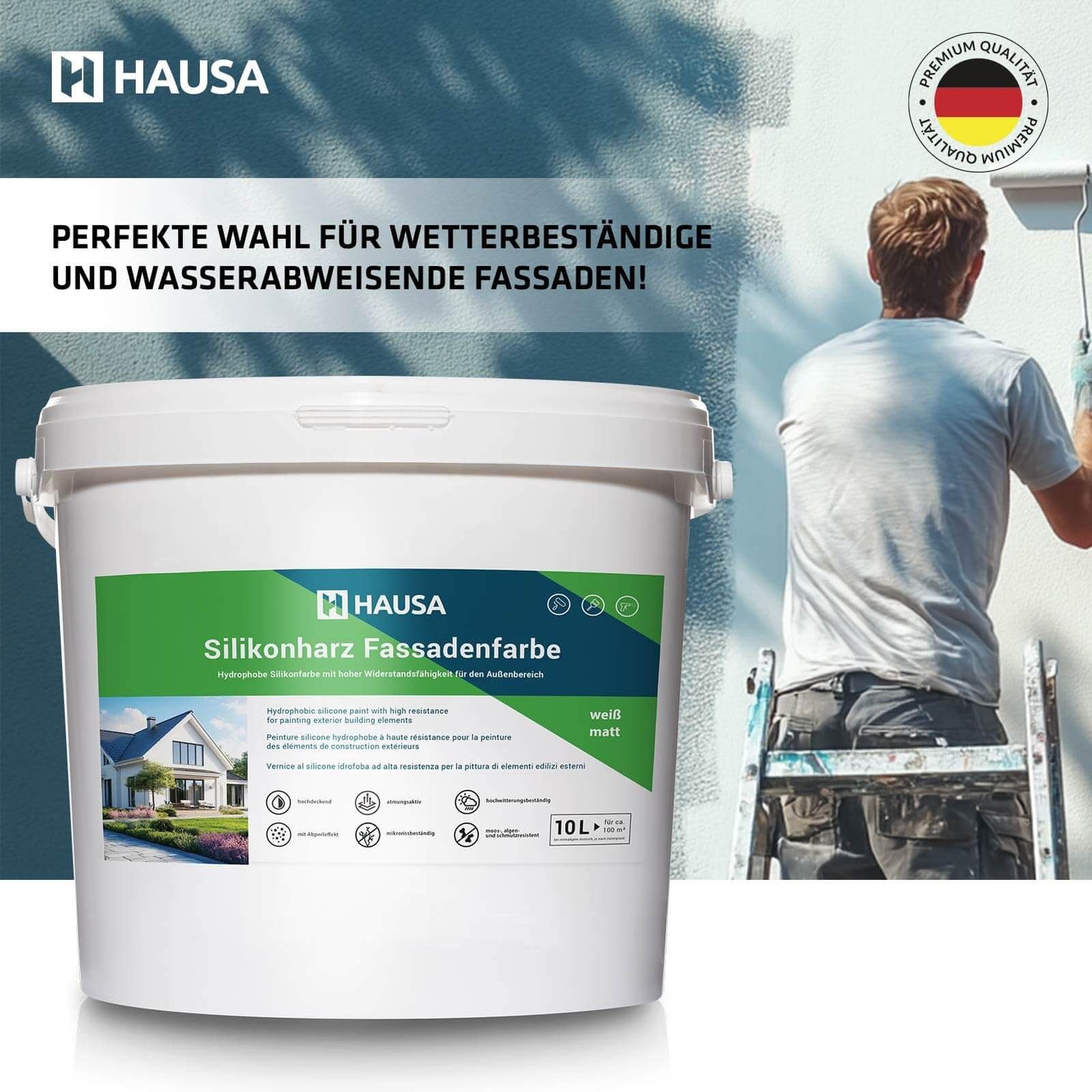 Hausa Silikonharz Fassadenfarbe 10L weiß matt, hochdeckende hydrophobe Außenfarbe mit Abperleffekt für alle Außenputze, Beton, Zement, Mauerwerk, Ziegel, witterungsbeständig atmungsaktiv