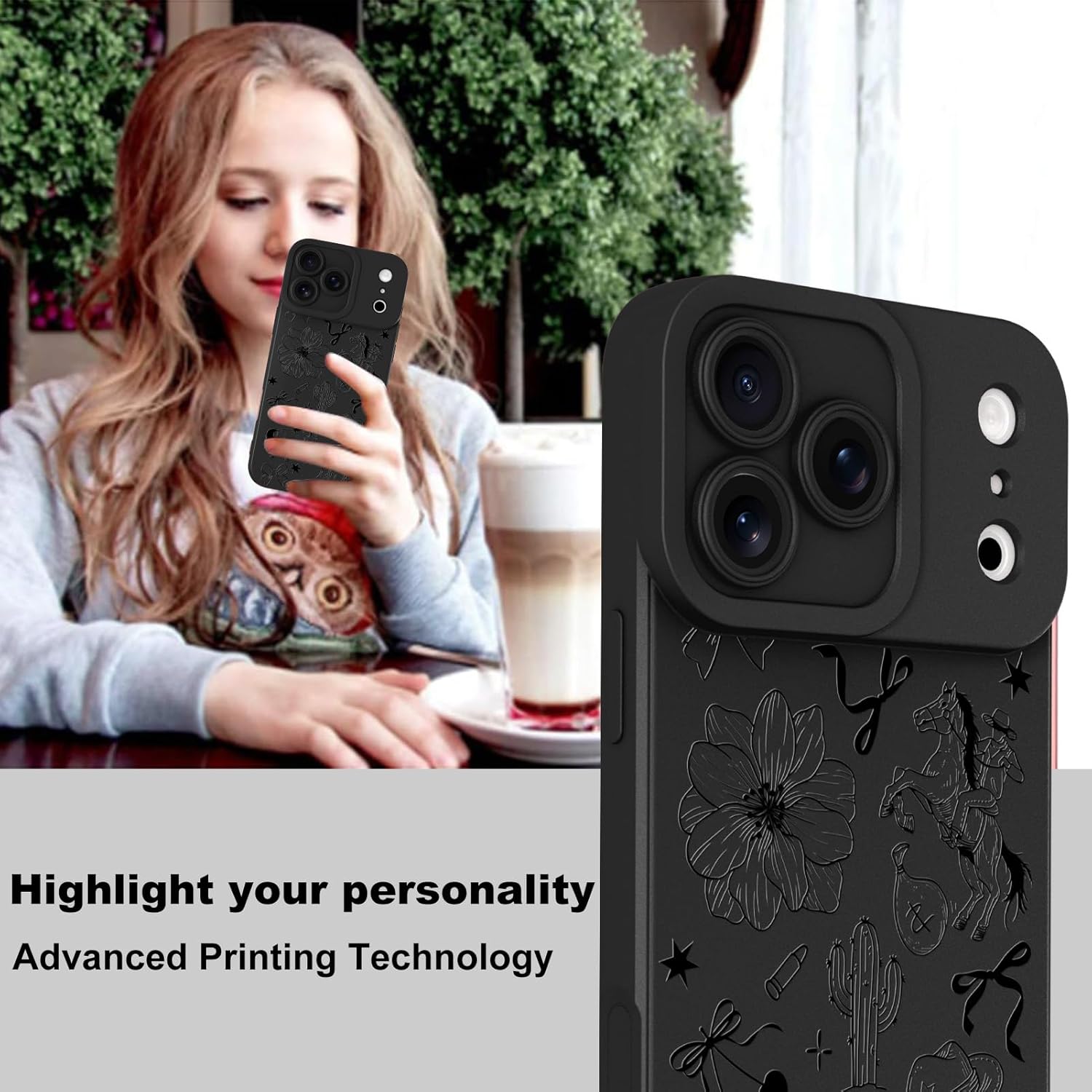 MOWIME Compatible with iPhone 17 Pro Max Case, Cute Silicone Western Cowboy Floral Pattern Phone Case for Women Girls, Camera Protection Soft Slim Shockproof Edge Phone Case-Black - Image 6