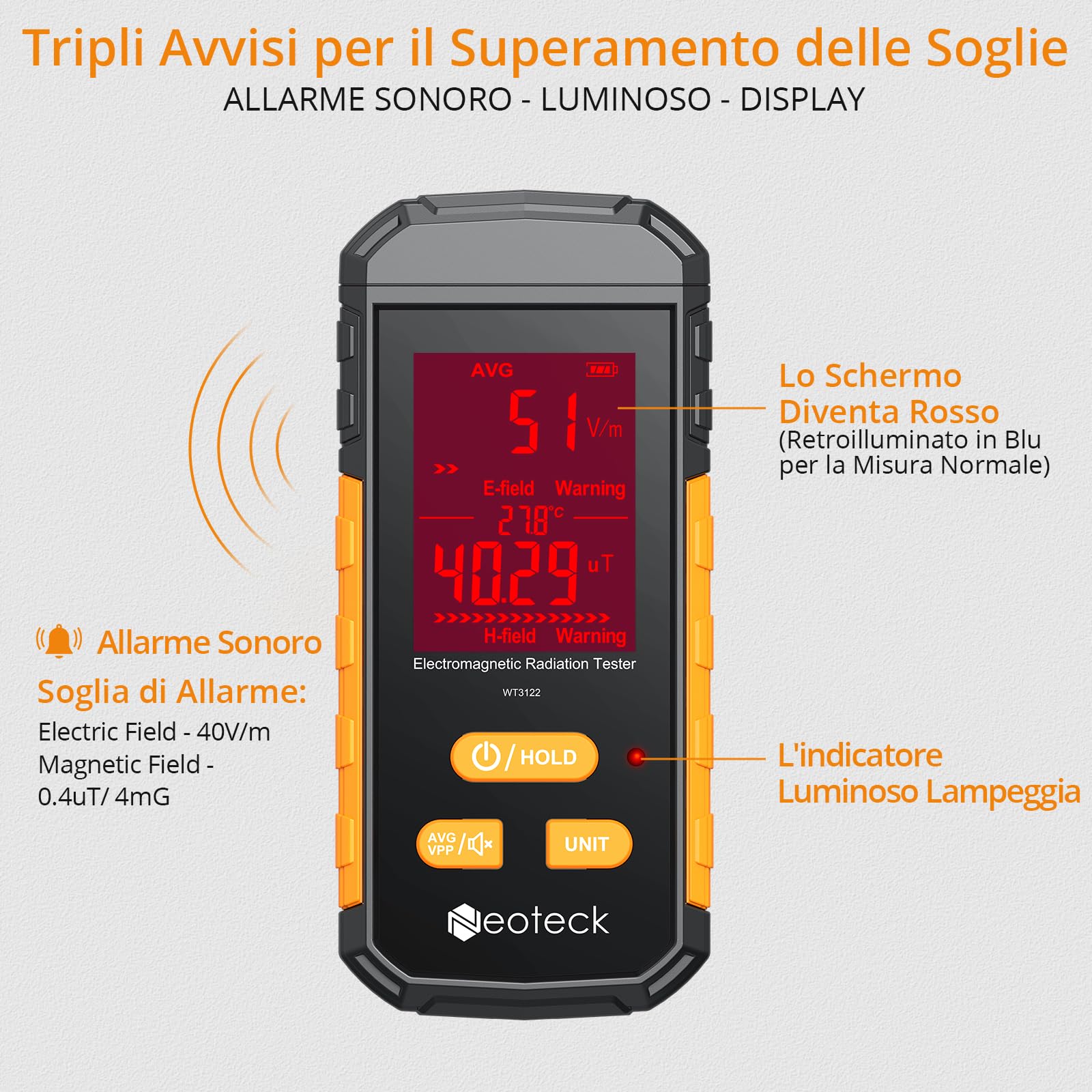 Neoteck Misuratore EMF 3-in-1 Rilevatore di Radiazioni Elettromagnetiche Ricaricabile con Schermo LCD Contatore di Radiazioni Allarme Acustico Campo Elettrico per Cucina Ufficio Fabbrica