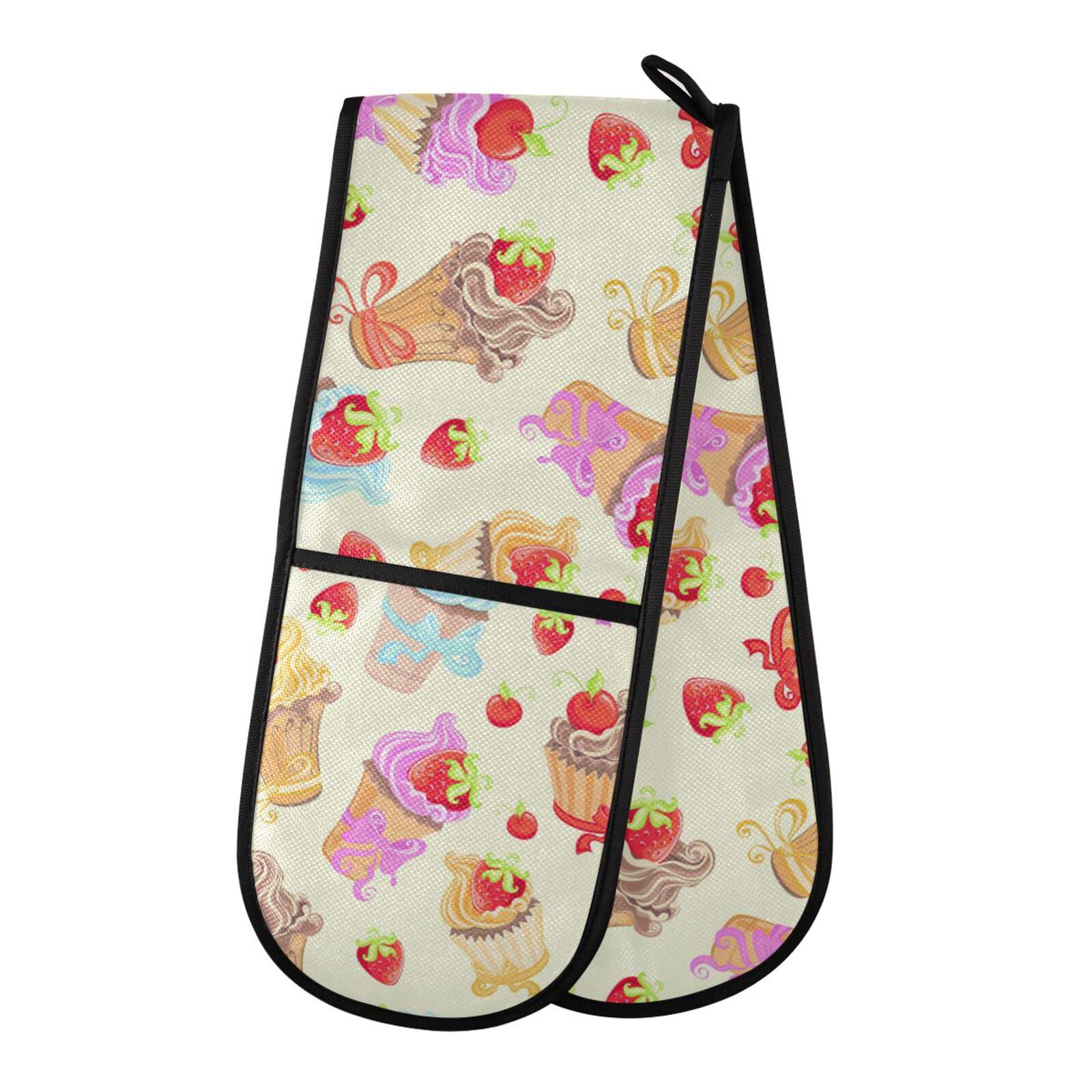 Double Oven Glove Cupcakes Strawberry Cherry Heat Resistant Double Ovens Mitt Modern Cooking Gloves Potholders