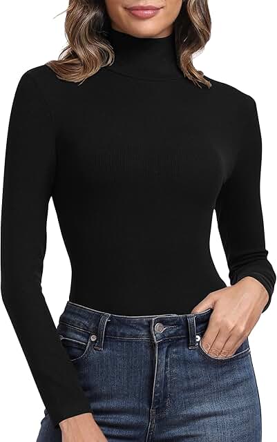 PALINDA Women's Ribbed Turtleneck Fitted Long Sleeve Shirts Basic Therma...