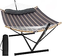 Vista 11 de SUNCREAT Hamaca portátil doble con soporte, hamaca para 2 personas con barra separadora curva, cuerdas de equilibrio incluidas, gris oscuro