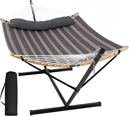 Miniatura 23 de SUNCREAT Hamaca portátil para exteriores con soporte, hamaca resistente con bolsa de transporte, almohada suave, cuerdas de equilibrio, azul oscuro