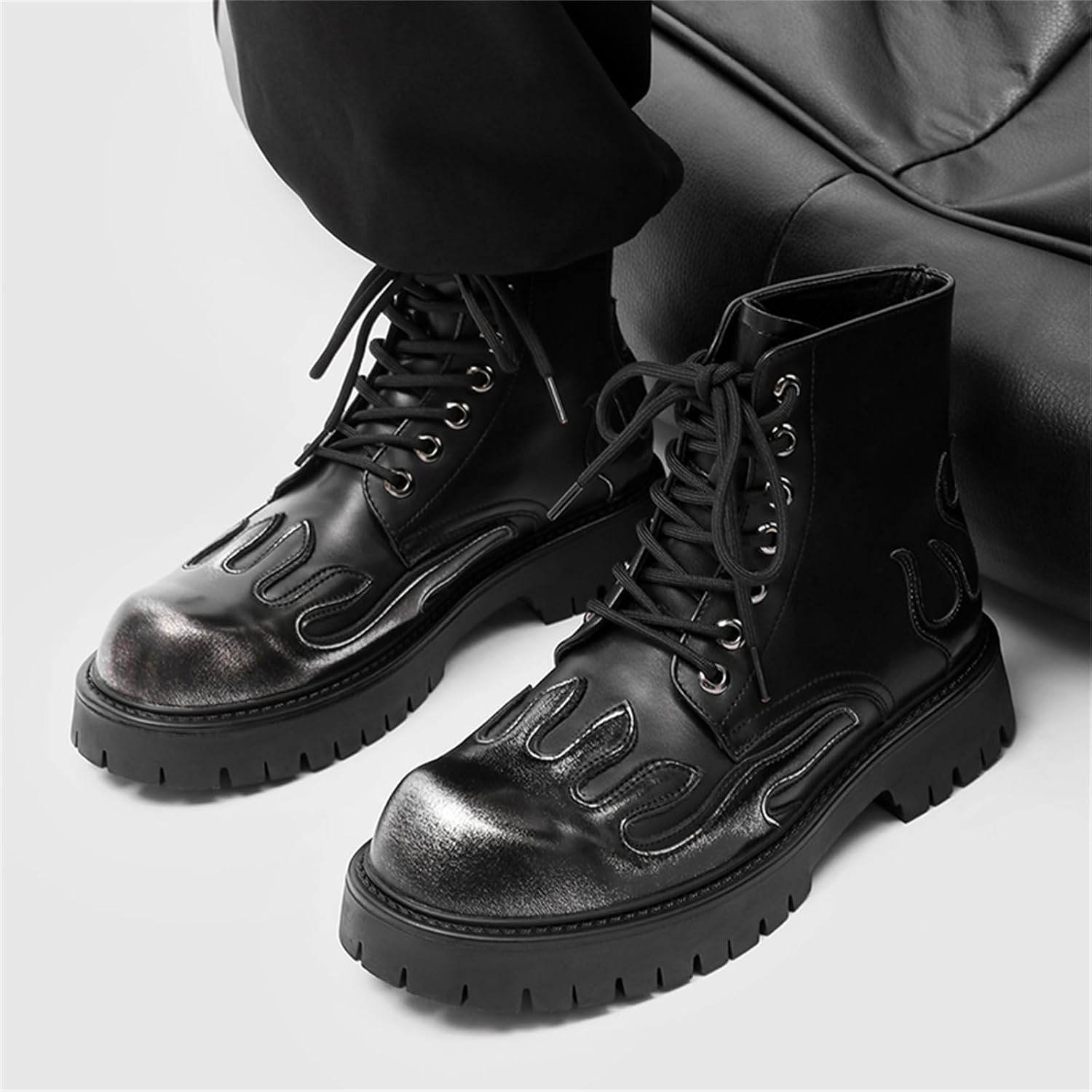 Men's Punk Fire Toe Platform Motorcycle Combat Boots Leather Biker Boot Fashion Casual Ankle Boots