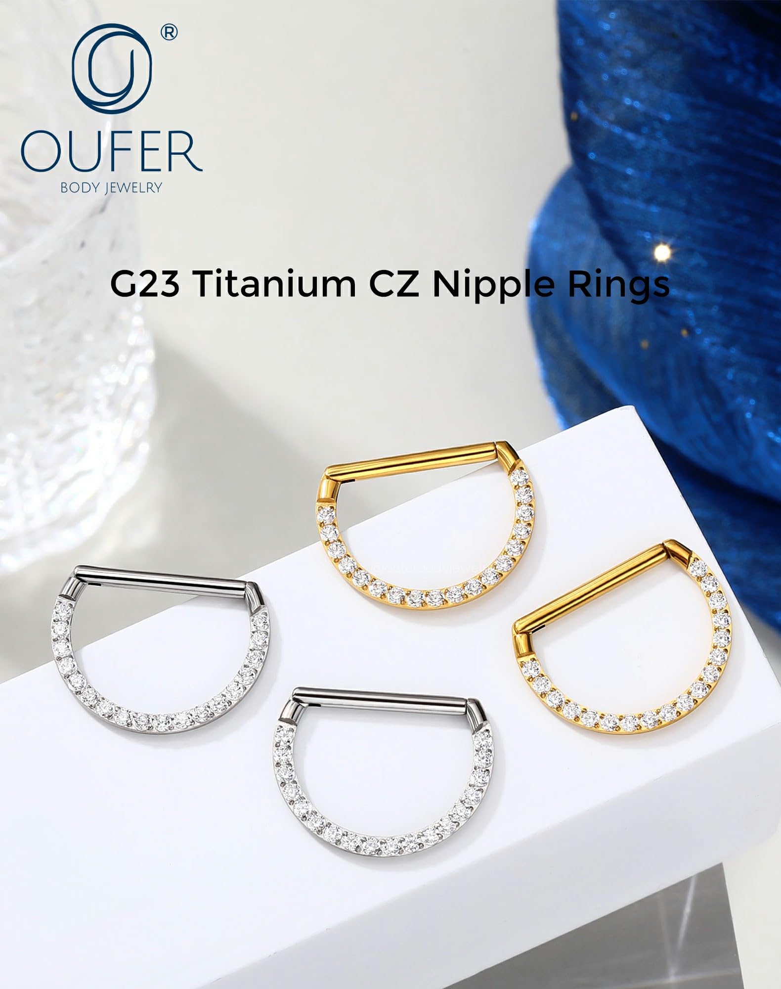 OUFER Body Piercing Nipple Bars: 14G Surgical Steel Gold Clicker Nipple Rings Piercing Jewellery with Clear CZ Paved for Women 1.6mm