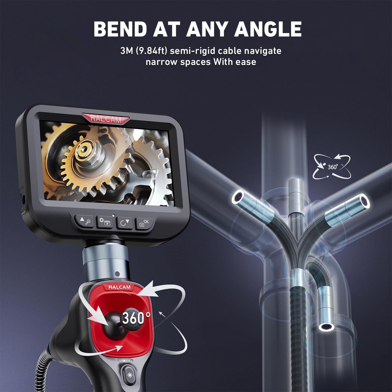 Ralcam Endoskopkamera 6,2mm Endoscope Camera - 360° Endoskop Schwenkbarer 4,3" HD 720P Inspektionskamera mit Licht Rohrkamera, Kameras mit 6 LED, IP67 Wasserdicht 3M Halbsteifes Kabel Lenkendoskop