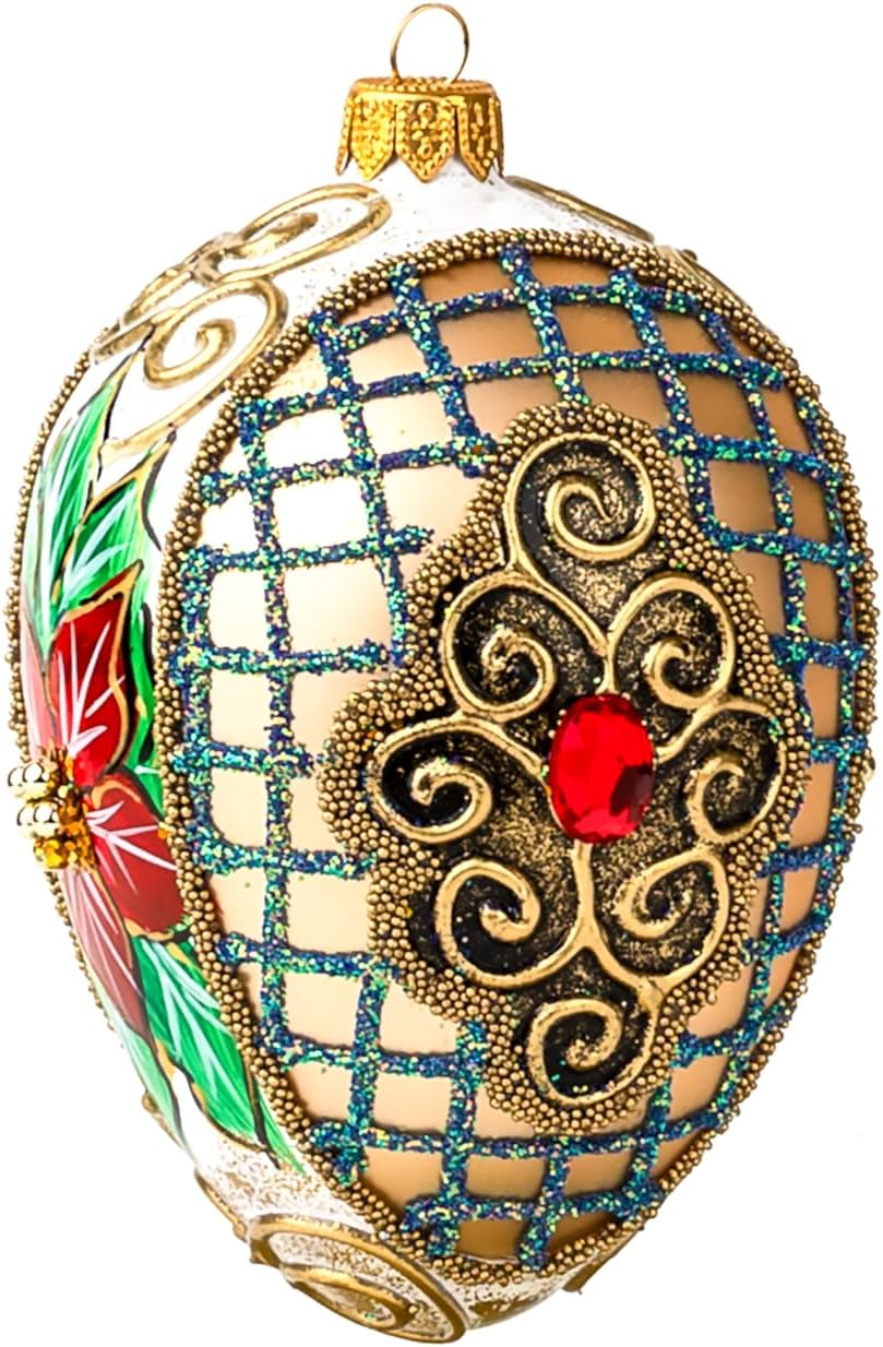 Fabergé Egg 5-Inch Blown Glass Christmas Tree Ornament Red Poinsettia (Gold Matte, 5")