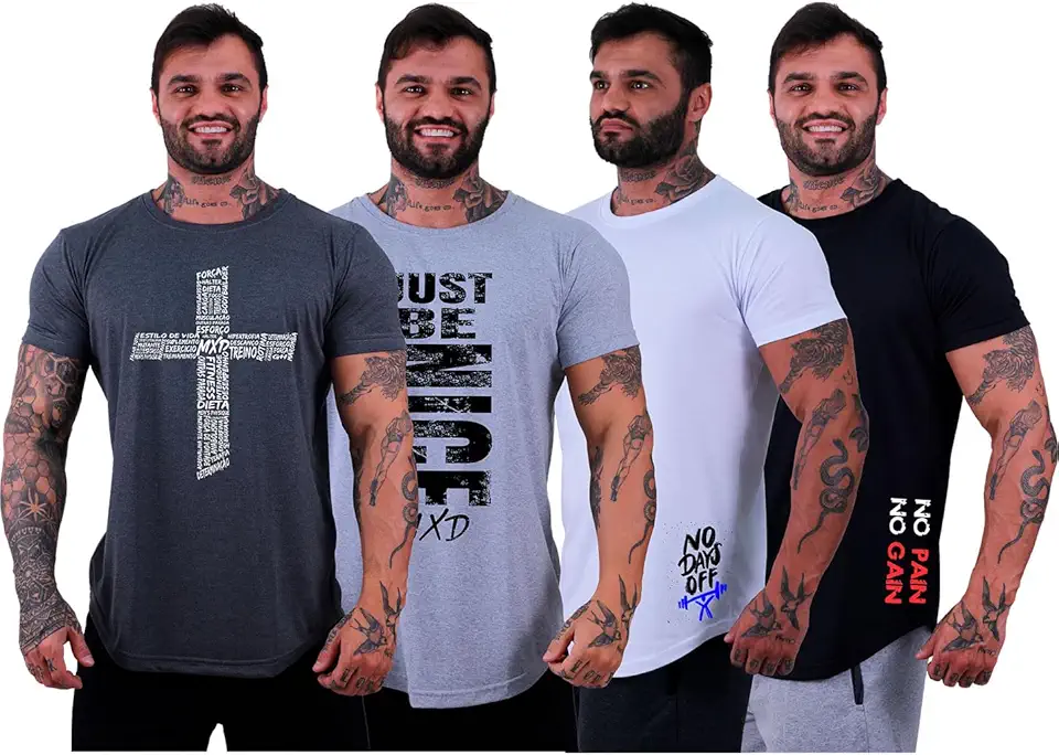 Kit 4 Camiseta Masculina Longline MXD Conceito Cores Básicas Discretas Diversas Estampas Casuais Treino Musculação