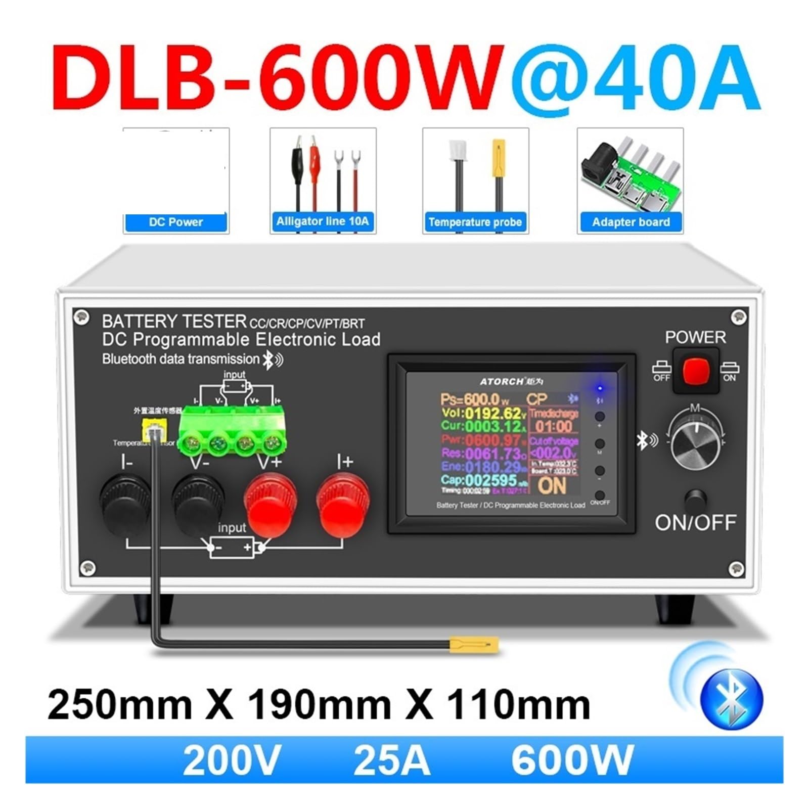 Comprobador de Batería, Monitor de capacidad de batería de plomo-ácido de litio DLB-600W 40A, probador de potencia de carga electrónica, medidor de descarga, herramientas de verificación de coche(600W