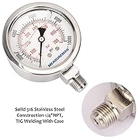 Vista 174 de MEASUREMAN - Manómetro hidráulico relleno de glicerina, totalmente de acero inoxidable, tamaño del dial de 2.5 pulgadas, montaje inferior NPT de 1/4
