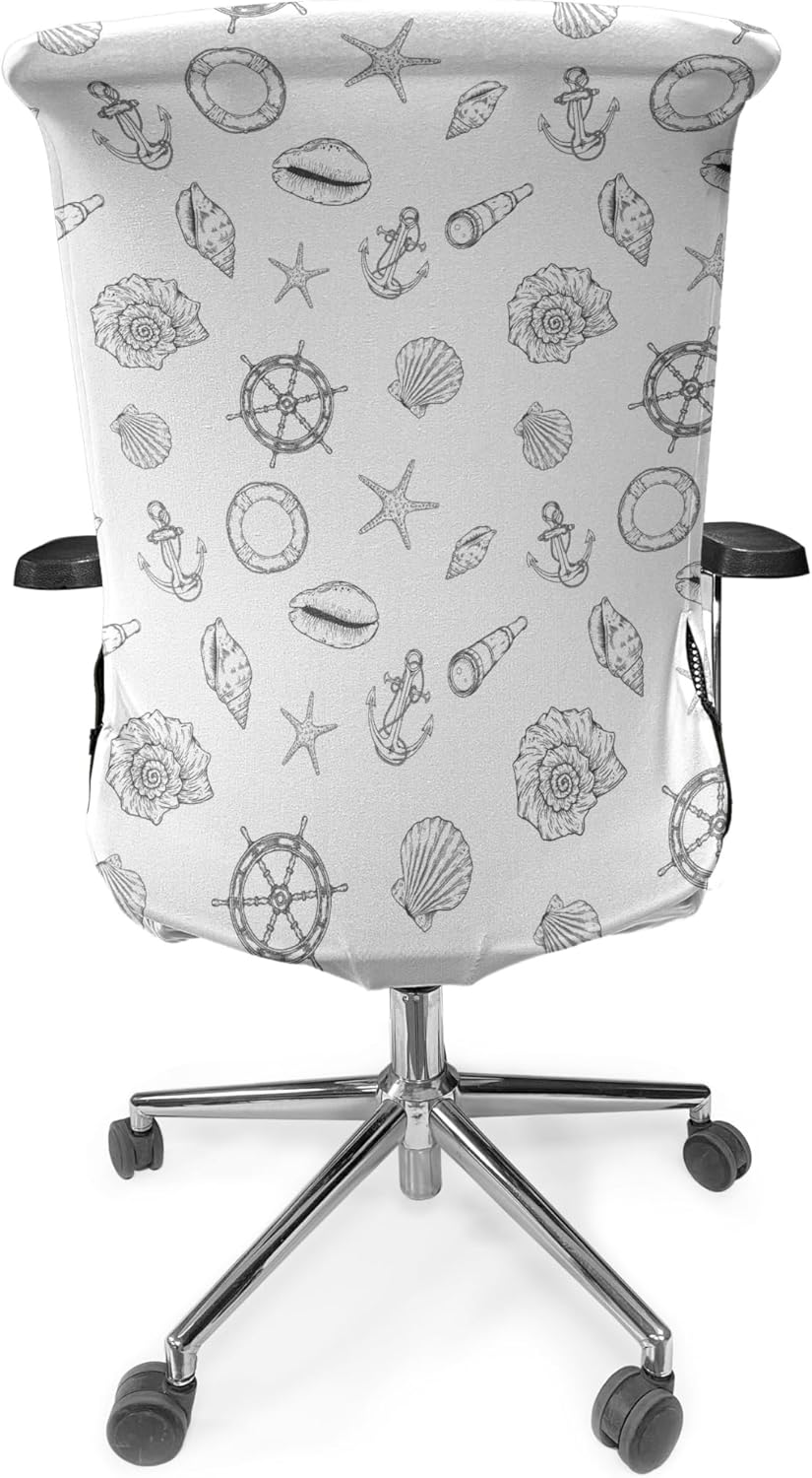 Ambesonne Sea Shells Office Chair Cover, Hand Drawn Monochrome Nautical Elements Helm Anchor Starfish Design, Stretchable Decorative Universal Size High Back Printed Slipcover, White Charcoal