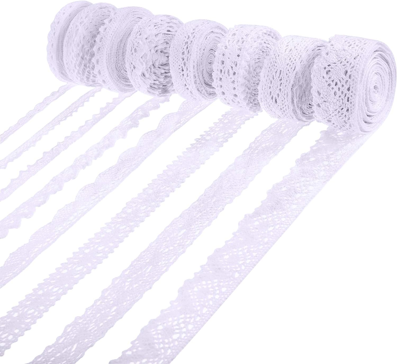 40 Yards Cotton Lace Trim Vintage Lace Ribbon Crochet Cotton Lace Scalloped Edge for Bridal Wedding Decoration Christmas Package DIY Sewing Craft Supply, 5 Yards Each, 8 Styles (Mixed Color)