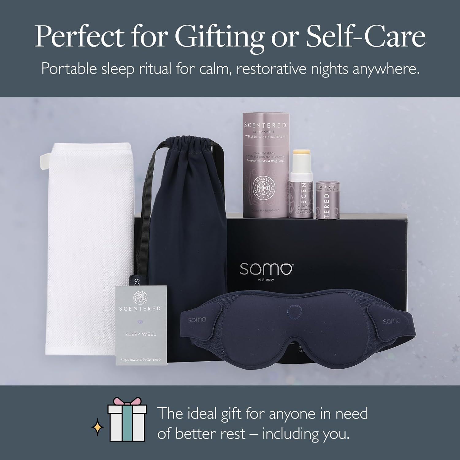 Scentered x SOMO Luxury Blackout 3D Sleep Mask for Side Sleepers & Sleep Well Aromatherapy Balm - Acupressure Eye Mask with Eyelash Space, Hypoallergenic - 4-in-1 Sleep Gift Set with Pouch & Wash Bag