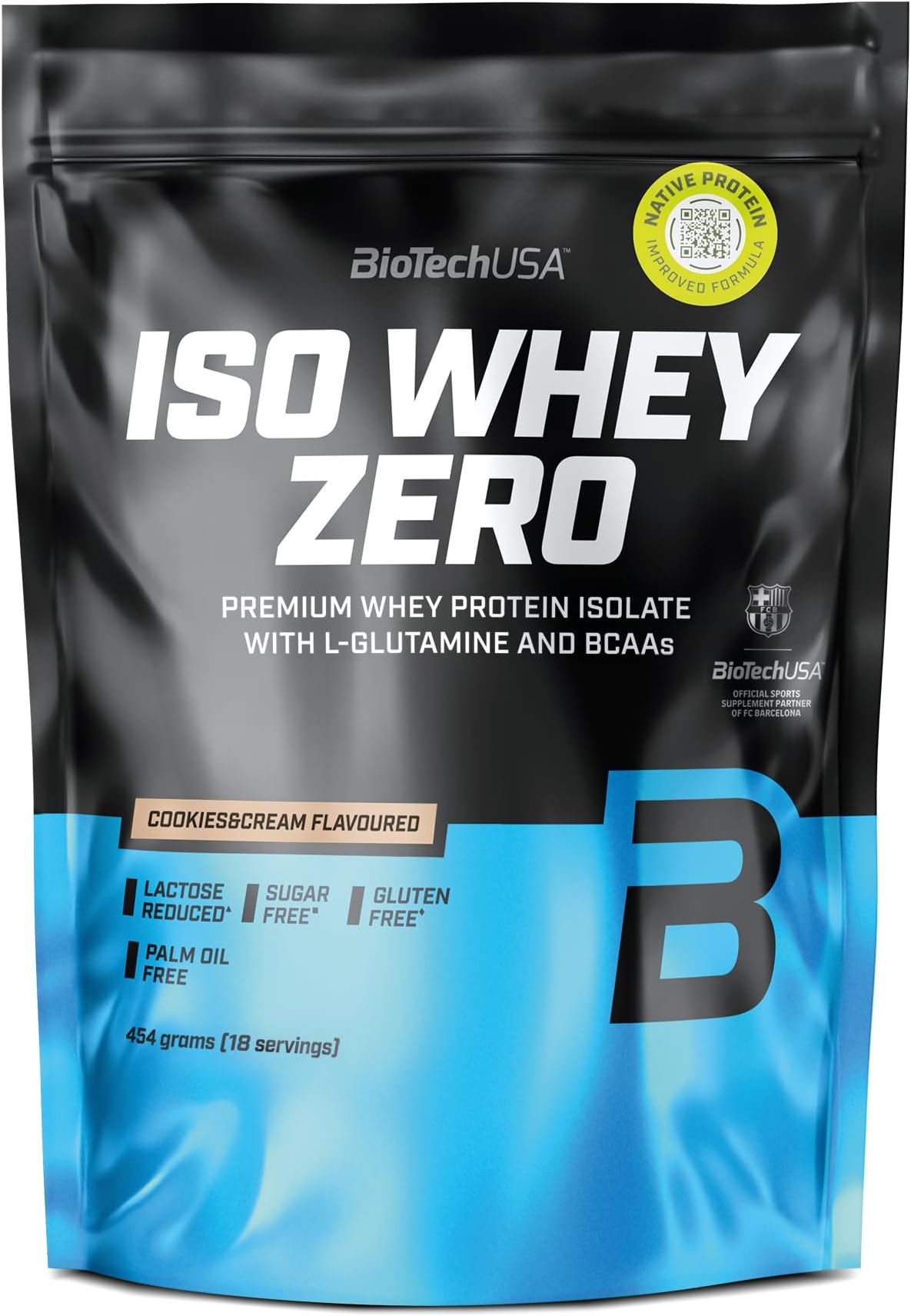 BioTechUSA Iso Whey Zero | Premium Whey Protein Isolate | Grass-Fed | Enzyme-Free | Sugar- and Gluten-Free, 454 g, Cookies & Cream