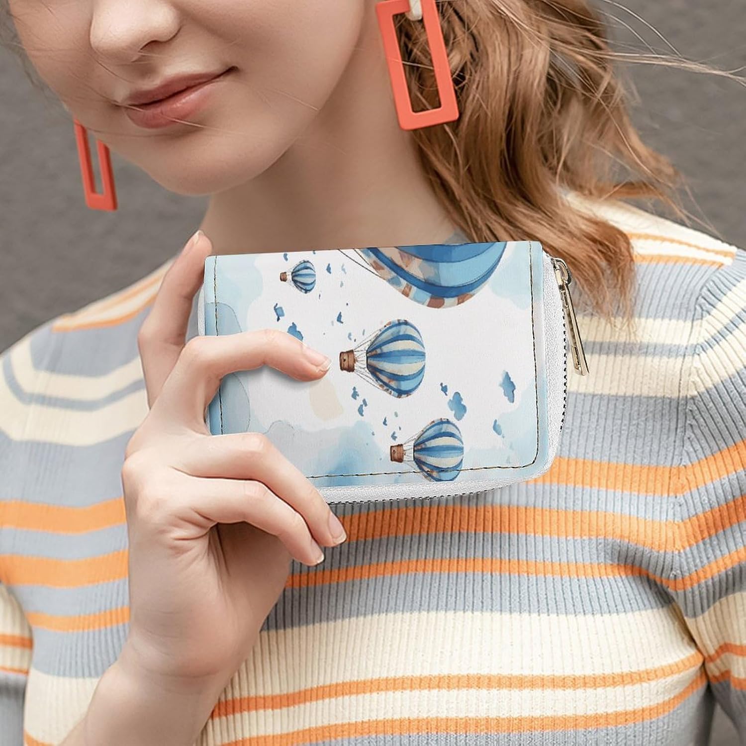 Leather Card Organizer Case Card Wallet Credit Card Holder Blue Hot Air Balloon Printed Zipper Card Cases Holder for Women Men
