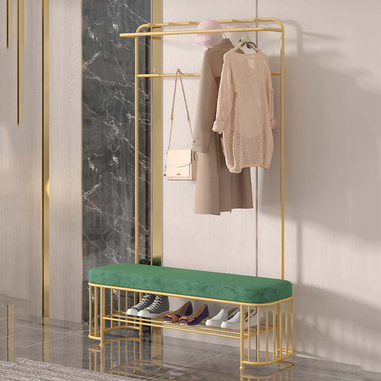 GHFXSCV 3-in-1 Freestanding Shoe Rack & Coat Tree - Entryway Sto Bench with Hoo, Cact Design for Hallway, Bedroom, Mudroom & Living Room, Green, 80cm