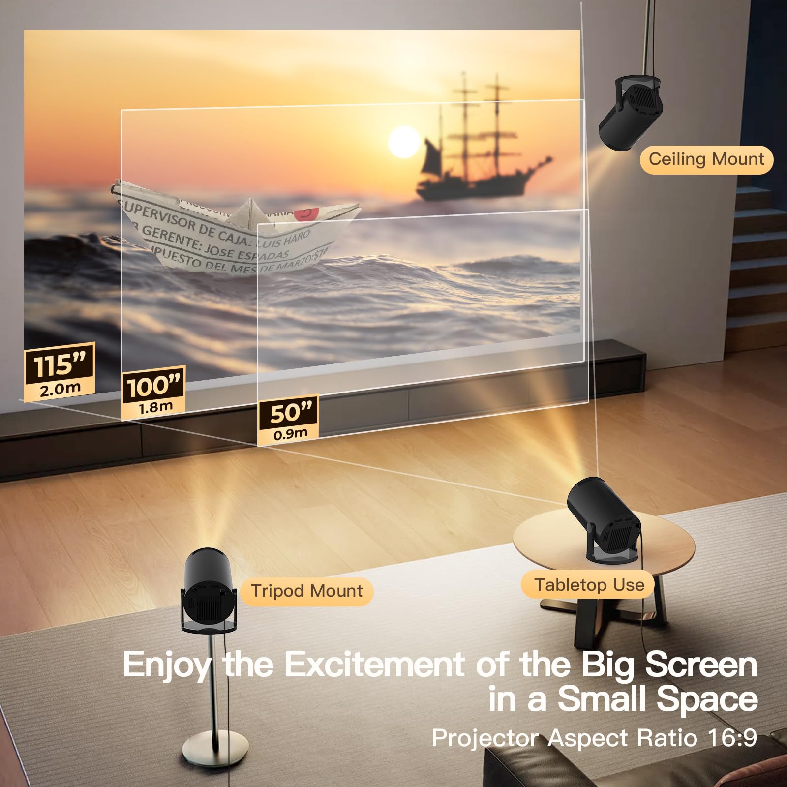 Mini Beamer Native 720P 4K unterstützt Android 14 Smart TV Projektor, WiFi 6 Bluetooth 5.4, Auto-Keystone, 300 ANSI, schwarz