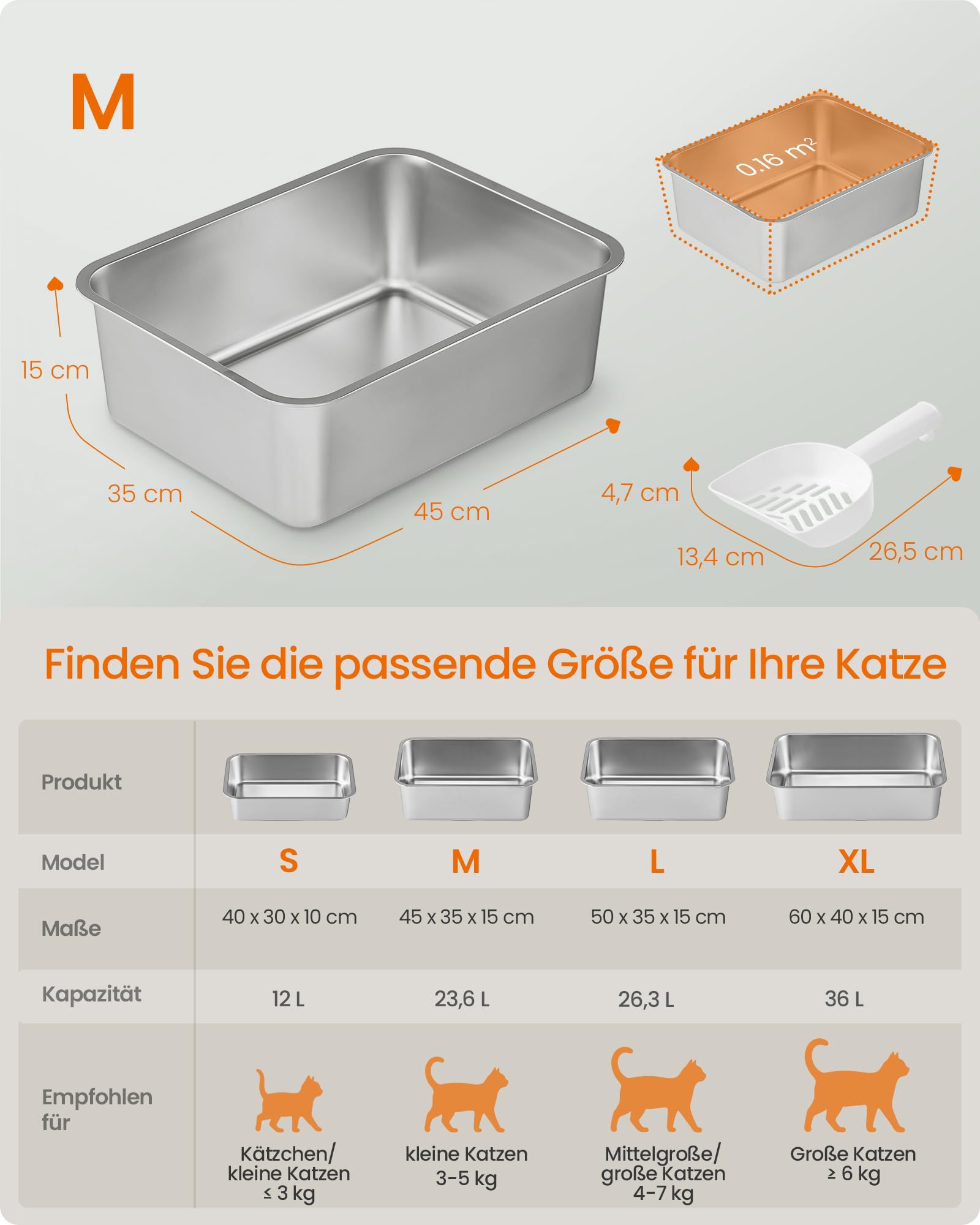 Feandrea Katzenklo Edelstahl, Katzentoilette offen, mit Schaufel, antihaftbeschichtet, geruchsfrei, leicht zu reinigen, M, 45 x 35 x 15 cm, für Kätzchen und kleine Katzen PPT014E101