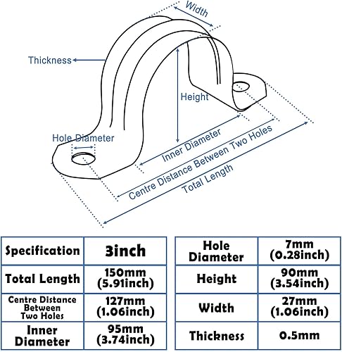 Miniatura 2 de Nge Abrazadera de correa de tubo rígido de 3 pulgadas, correa de dos agujeros, clip de tubo de soporte en U, soporte de sujeción de tubo de acero
