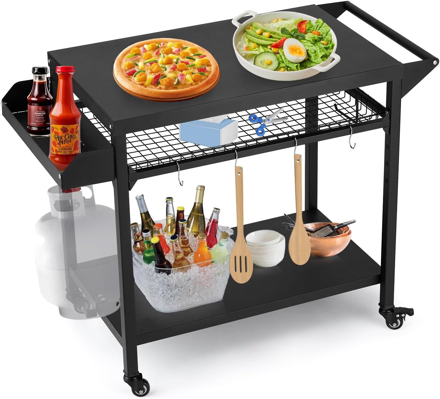 GarveeLife Outdoor Grill Cart, Pizza Oven Stand Table with Mesh Racks Dining Cart Table for Outside Patio, Movable Kitchen Cooking Prep Table BBQ Cart with Wheels for Home Party, Bar, Camping, Black