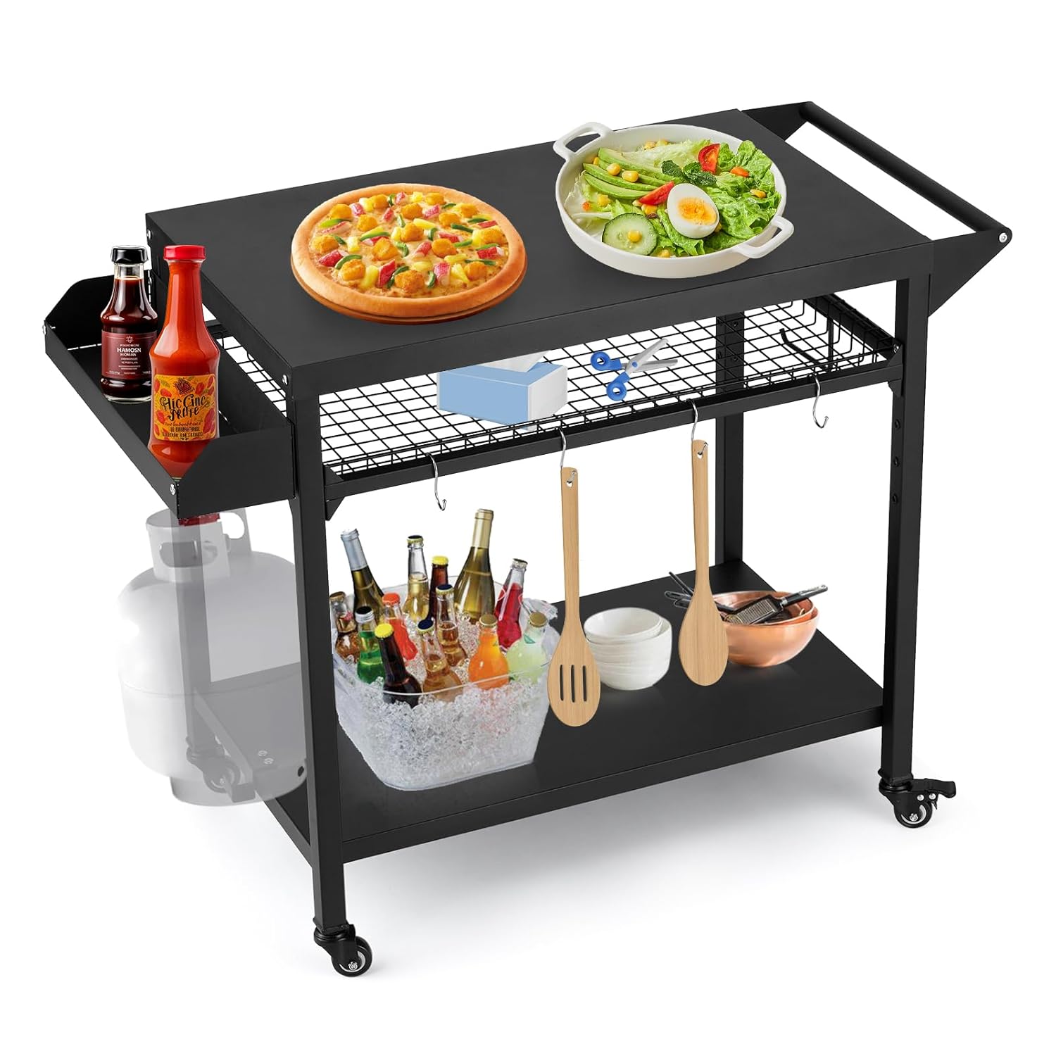 Outdoor Grill Cart, Pizza Oven Table, Utility Cart with Wheels Dining Cart Table for Outside Patio, Movable Kitchen Cooking Prep Table BBQ Cart with Mesh Racks for Home Party, Bar, Camping