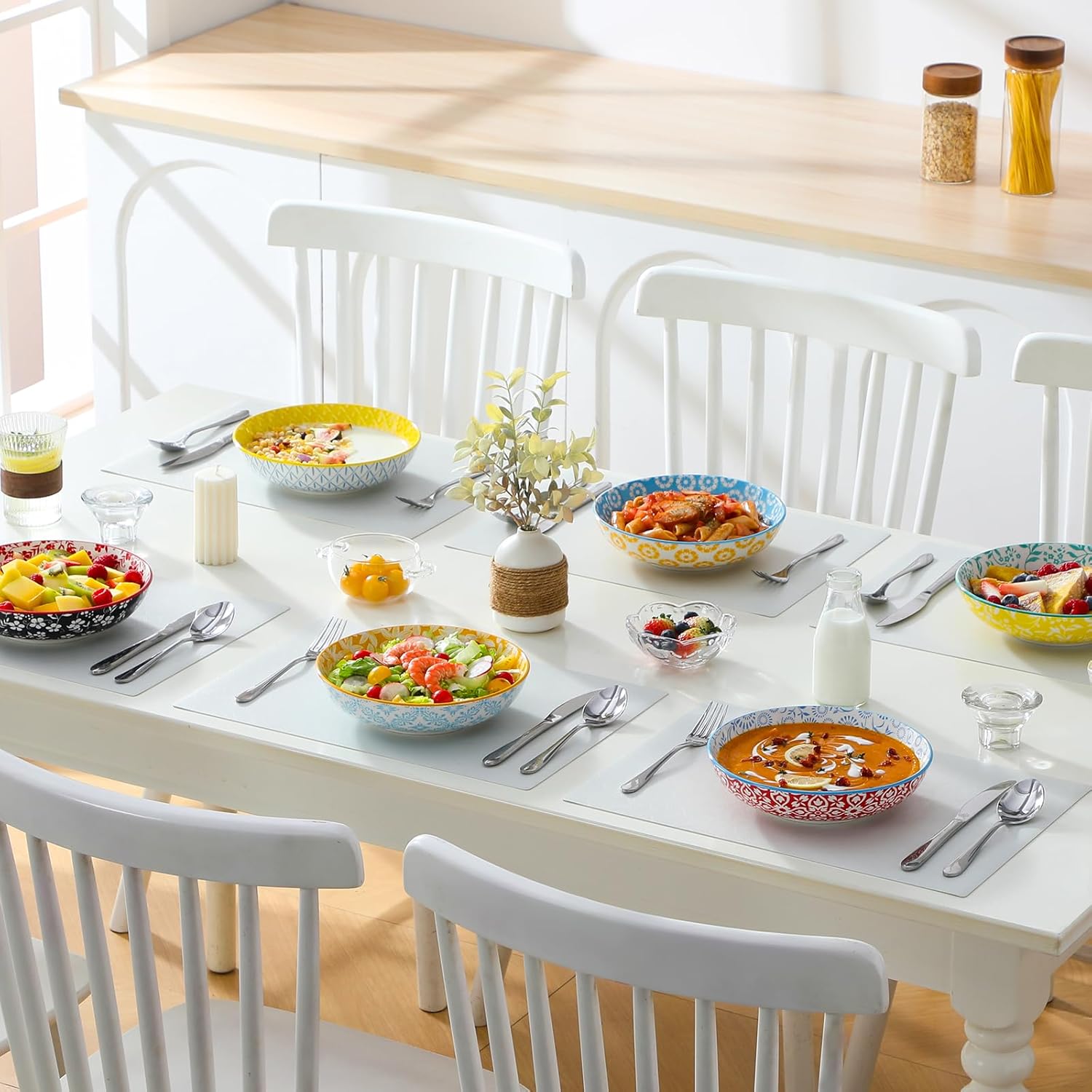 vancasso 8.5" Pasta Bowls Set of 6, 40 oz Porcelain Shallow Salad Bowls, Serving Bowls Large Kitchen Bowl Plates Pasta Dishes Plates, Colorful Floral Design, Microwave Safe, Series SELENE - Image 6