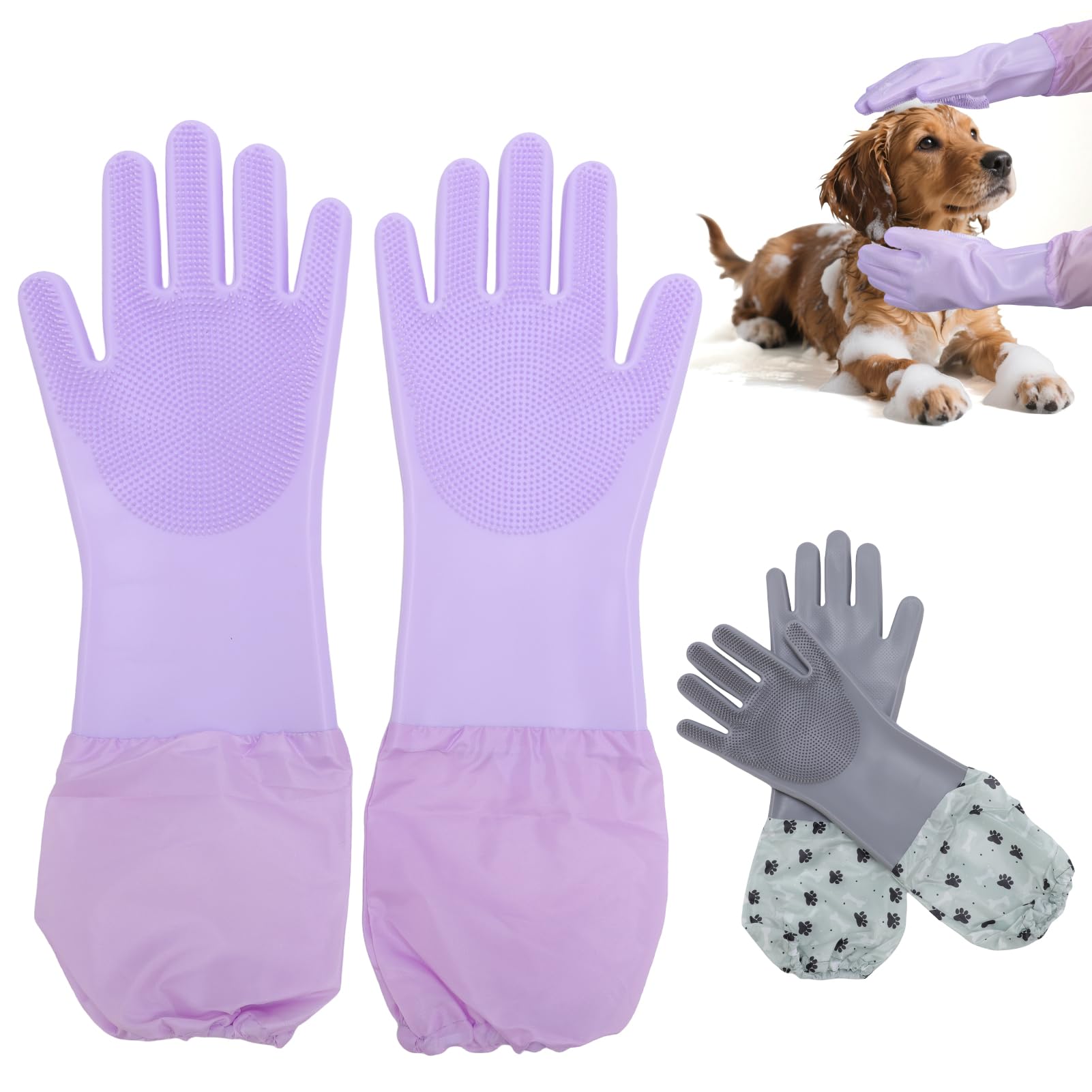 hundepflege handschuh ZESTEFY Handschuhe, 2 stücke Förlängda massagehandskar i silikon für Katzen & Hunde – Fellpflege, Haarentfernung, Baden mit Aufhängbar & Multifunktional (Lila+Grau) Haustier SS-Transfer2 Frame:Step-Thru Aufbewahrungsboxen