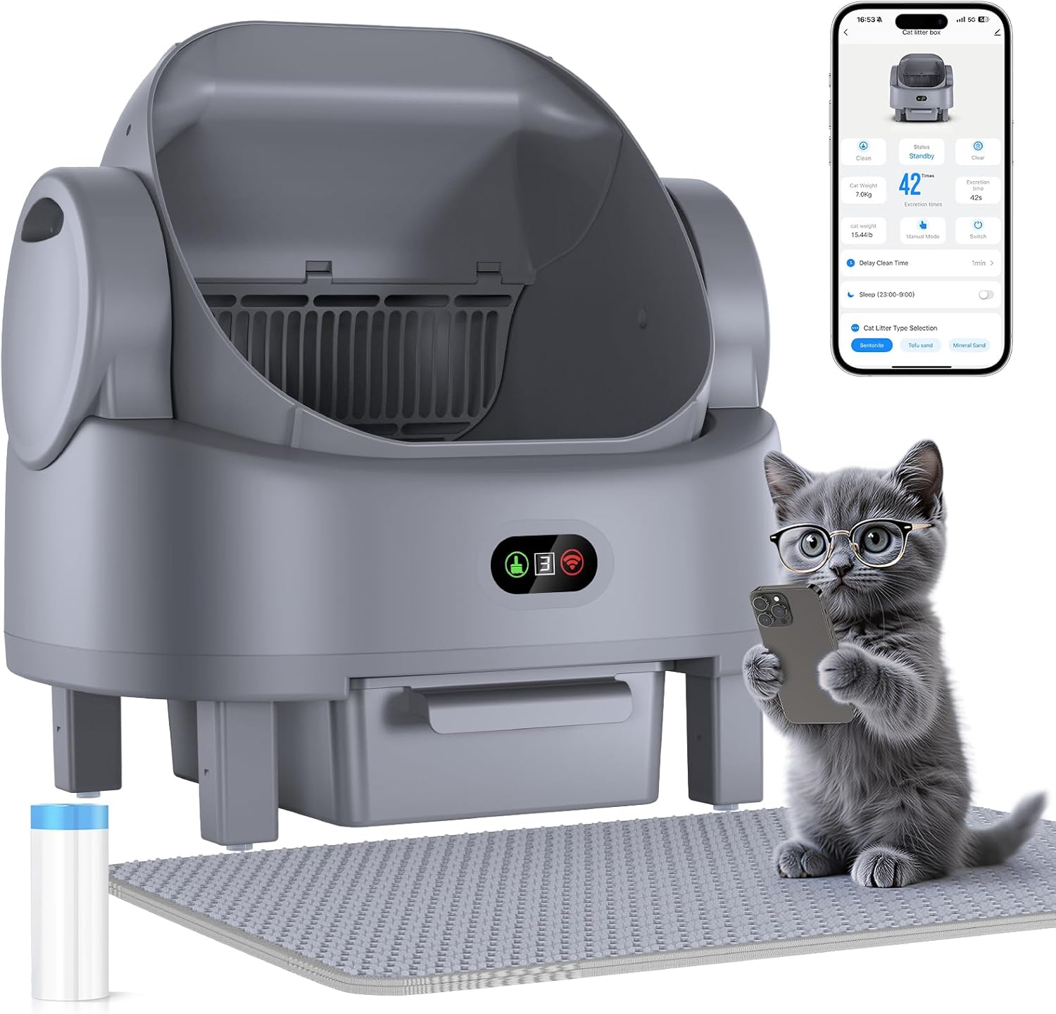 Self Cleaning Cat Litter Box, Open-Top Large Automatic Litter Box for Multiple Cats with Safety Sensors, Includes Liner Bags and Litter Mat Light Grey