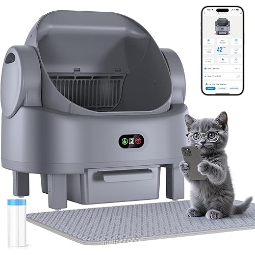 Self Cleaning Cat Litter Box, Open-Top Large Automatic Litter Box for Multiple Cats with Safety Sensors, Includes Liner Bags and Litter Mat Light Grey