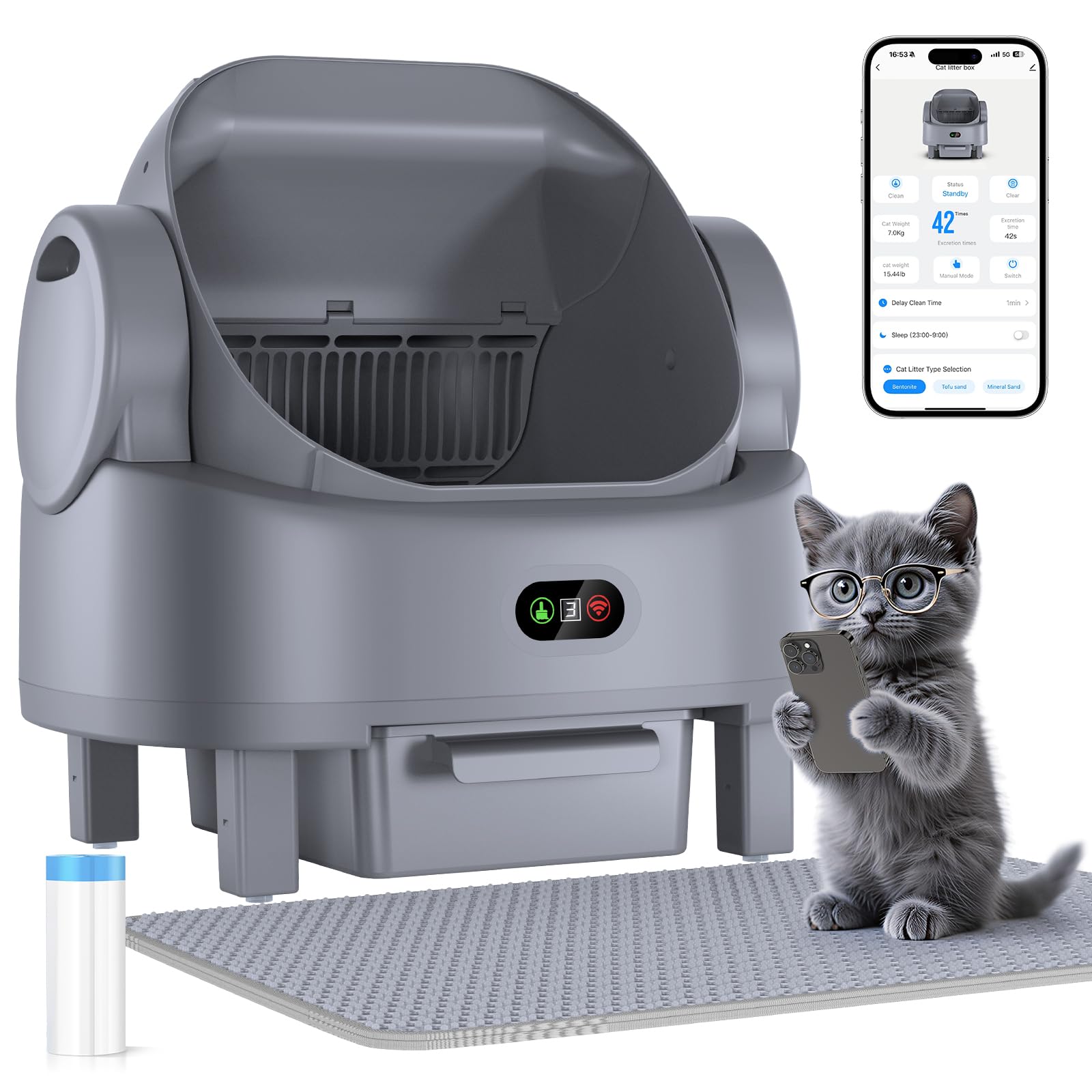 Self Cleaning Cat Litter Box, Open-Top Large Automatic Litter Box for Multiple Cats with Safety Sensors, Includes Liner Bags and Litter Mat Light Grey