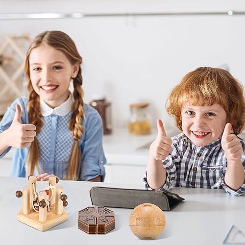 Miniatura 5 de Hungdao Rompecabezas de 5 piezas de rompecabezas de metal y madera para niños y adultos, juego mental, prueba de lógica, rompecabezas de mano,