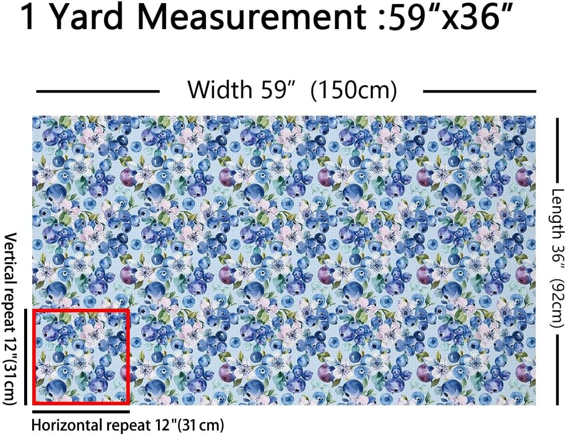 Blueberry Fabric by The Yard Watercolor Cute Fruits Plants Decor Fabric for Sewing Lovers Blue White Gradient Flowers Dreamy Fabric for DIY Upholstery and Home Accents 5 Yards,180" L x 59" W