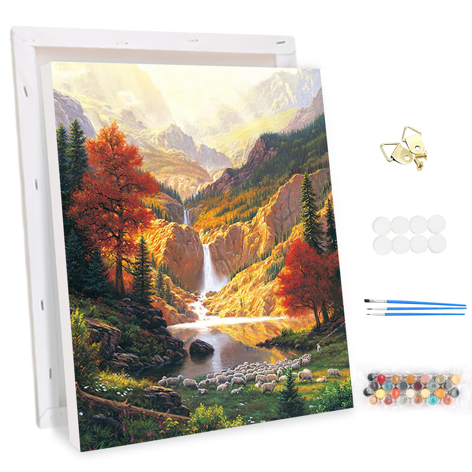 MEIYUDA Pintar por Numeros Adultos con Marco Montaña Cascada, DIY Painting by Numbers Kits Cuadros por Numeros, Pintura de Bricolaje Sobre Lienzo con Pinceles Decoración para el Hogar 30x40cm