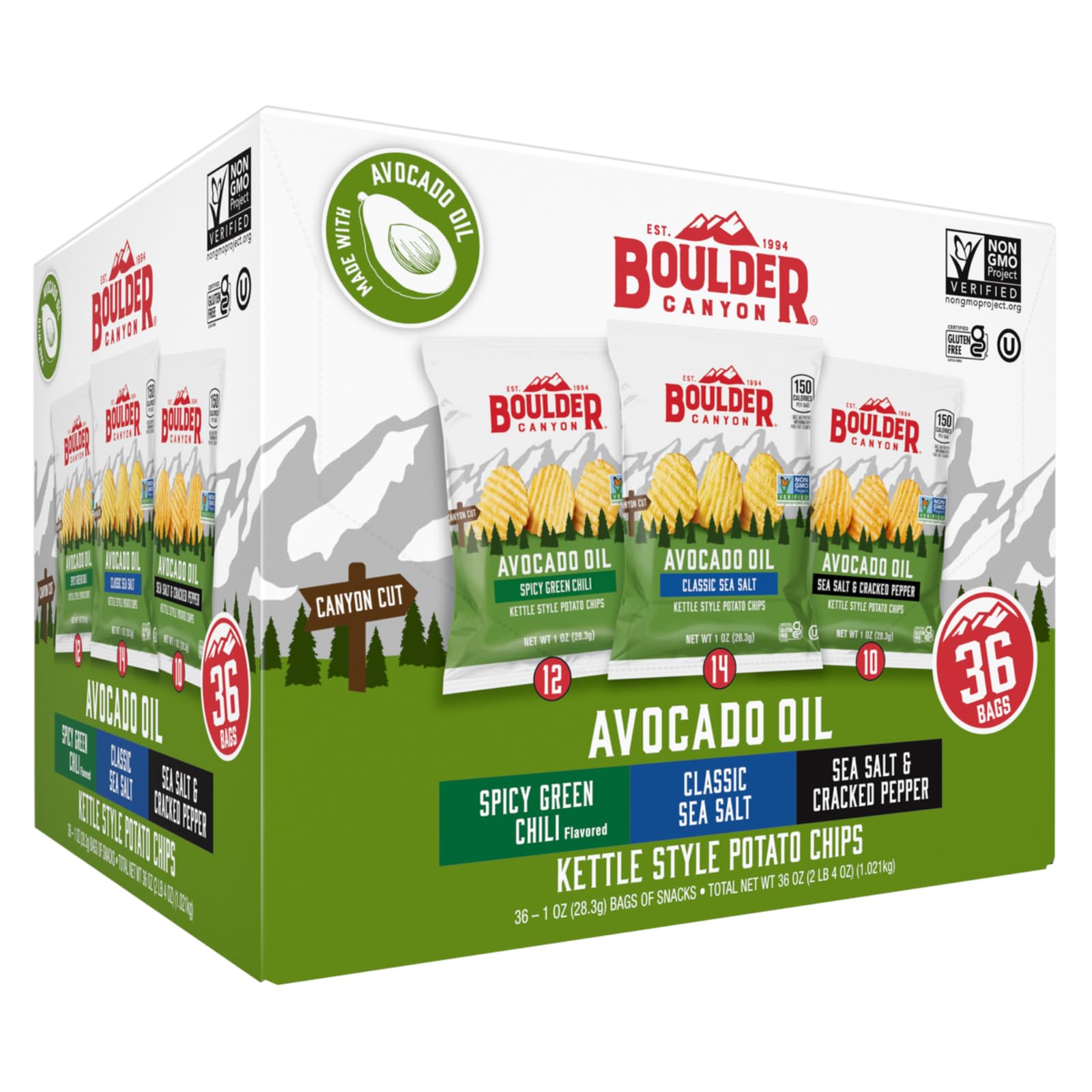Boulder Canyon Avocado Oil Kettle Style Potato Chips, Variety Pack, 1 oz, 36 ct | 3 flavors