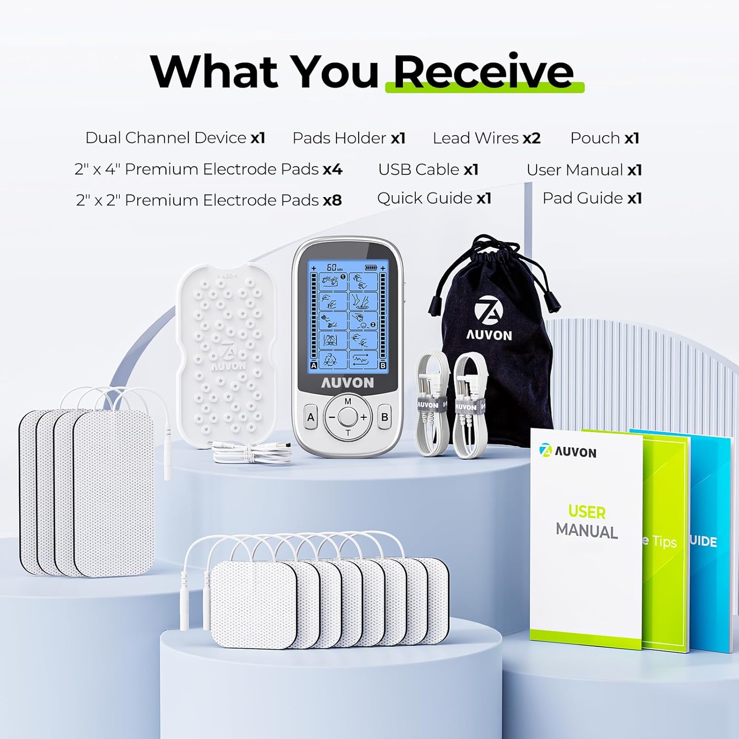 AUVON Rechargeable 24-Mode TENS Unit with Independent Dual Channels for Back Pain Relief, EMS Muscle Stimulator with 40 Intensities for Gradual Neck, Sciatica Relief, TENS Machine with 12 TENS Pads