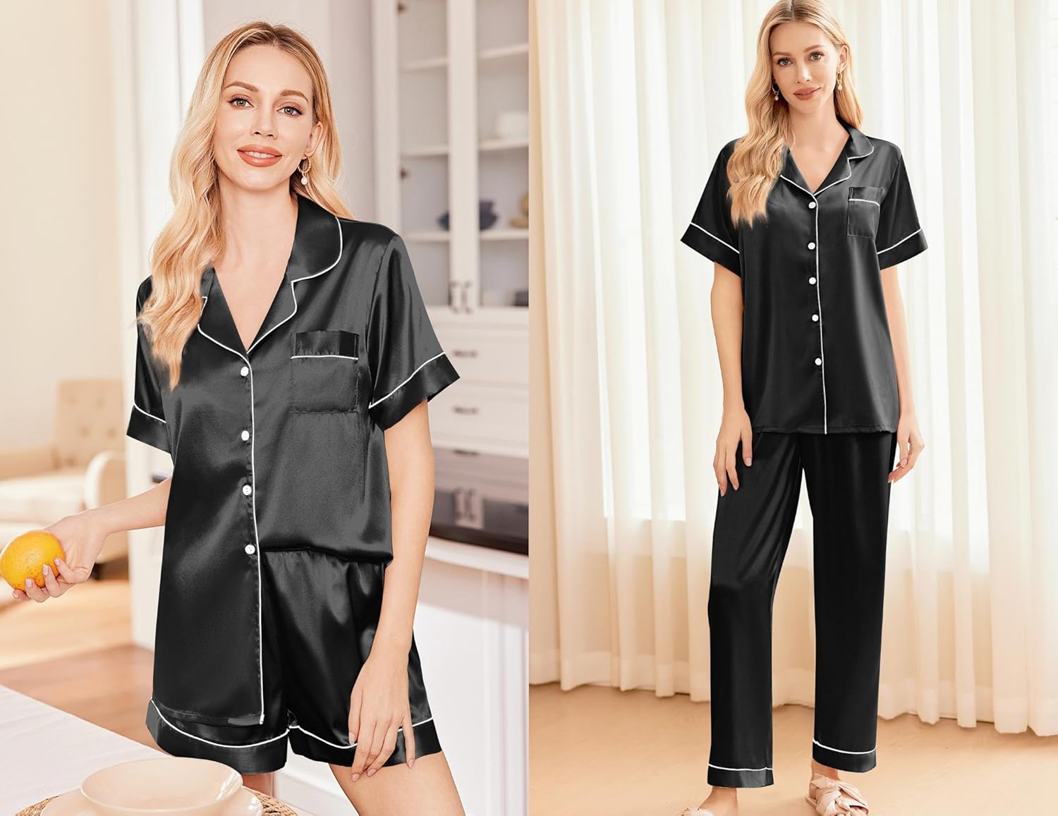 Ekouaer Silk Pajamas for Women Set Satin Pjs Soft Short Sleeve Button Down Sleepwear 3 Piece Loungewear S-XXL - Image 4