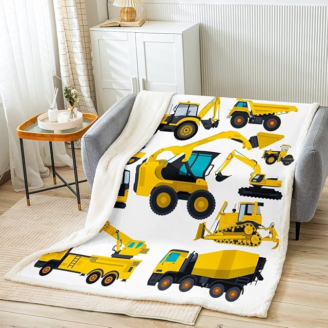 Cartoon Construction Excavator Fleece Blanket,Nursery Plush Bed Blanket For Kids Boys,Tractor Trucks Throw Blanket,Flannel Throw Room Decor Bed Blankets,Home Hotel,Yellow White Baby 30"X40"