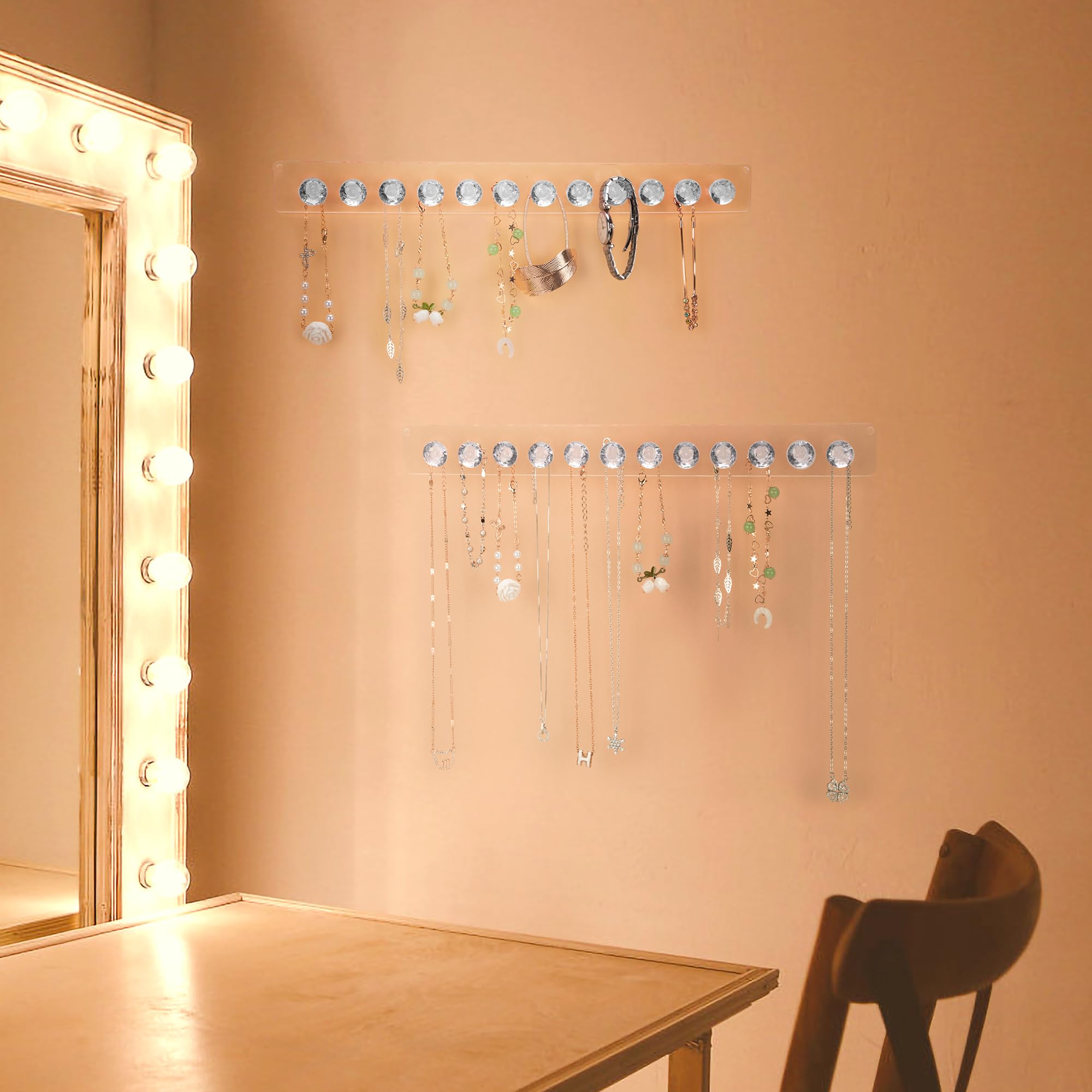 Ganci per collana in Acrilico da Appendere alla Parete - Grucce per collana con 12 Ganci a Forma di Diamante - Confezione da 2 (Trasparente)