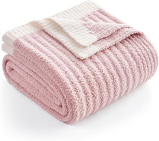Snuggle Sac Pink Throw Blanket for Couch, Soft Cozy Ribbed Fluffy Blanke...
