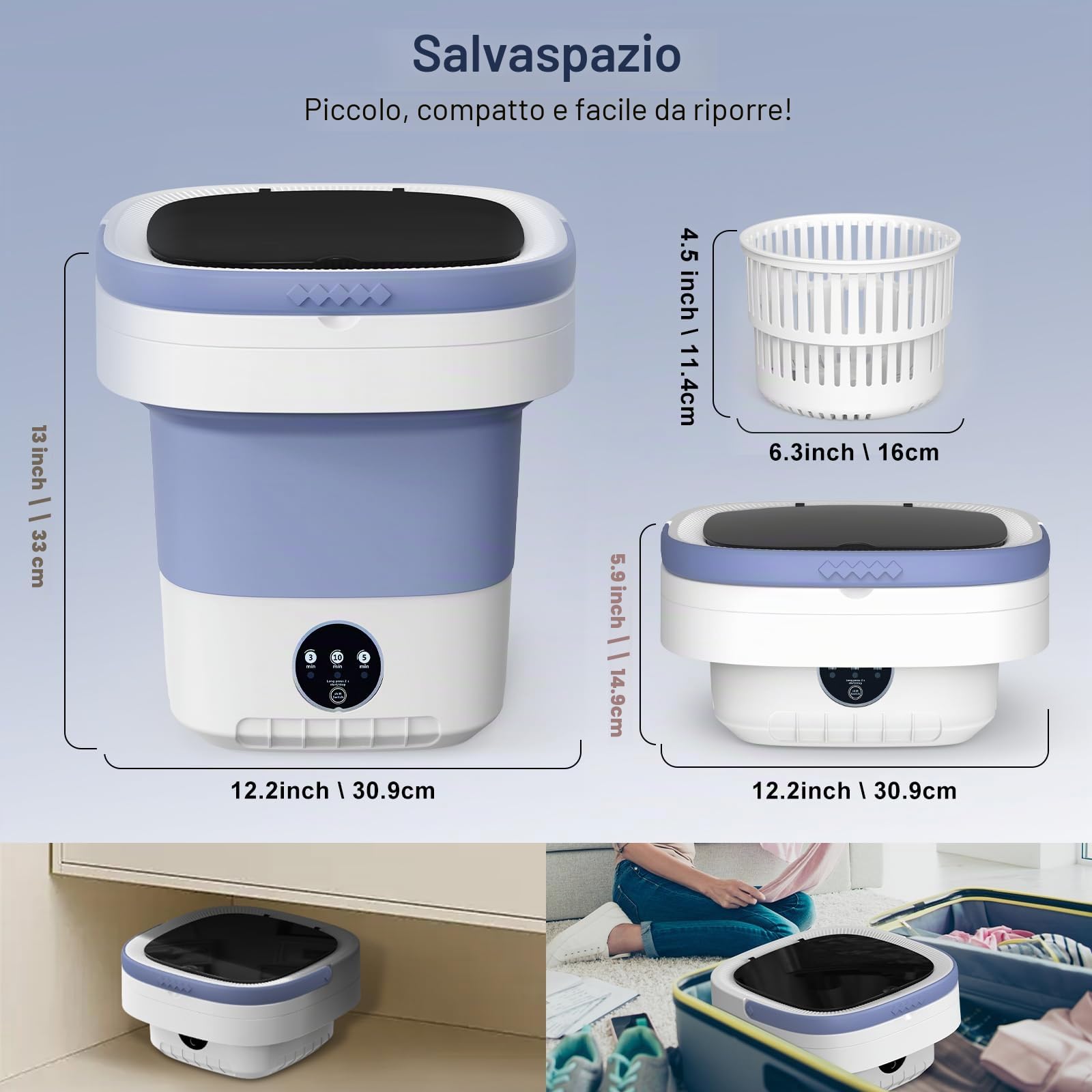 Lavatrice Portatile 12L Mini Con 3 Modalità di Pulizia Profonda, Aggiornata Piccola Con Cestello Centrifuga Rimovibile, da Campeggio Pieghevole per Appartamenti (Viola)