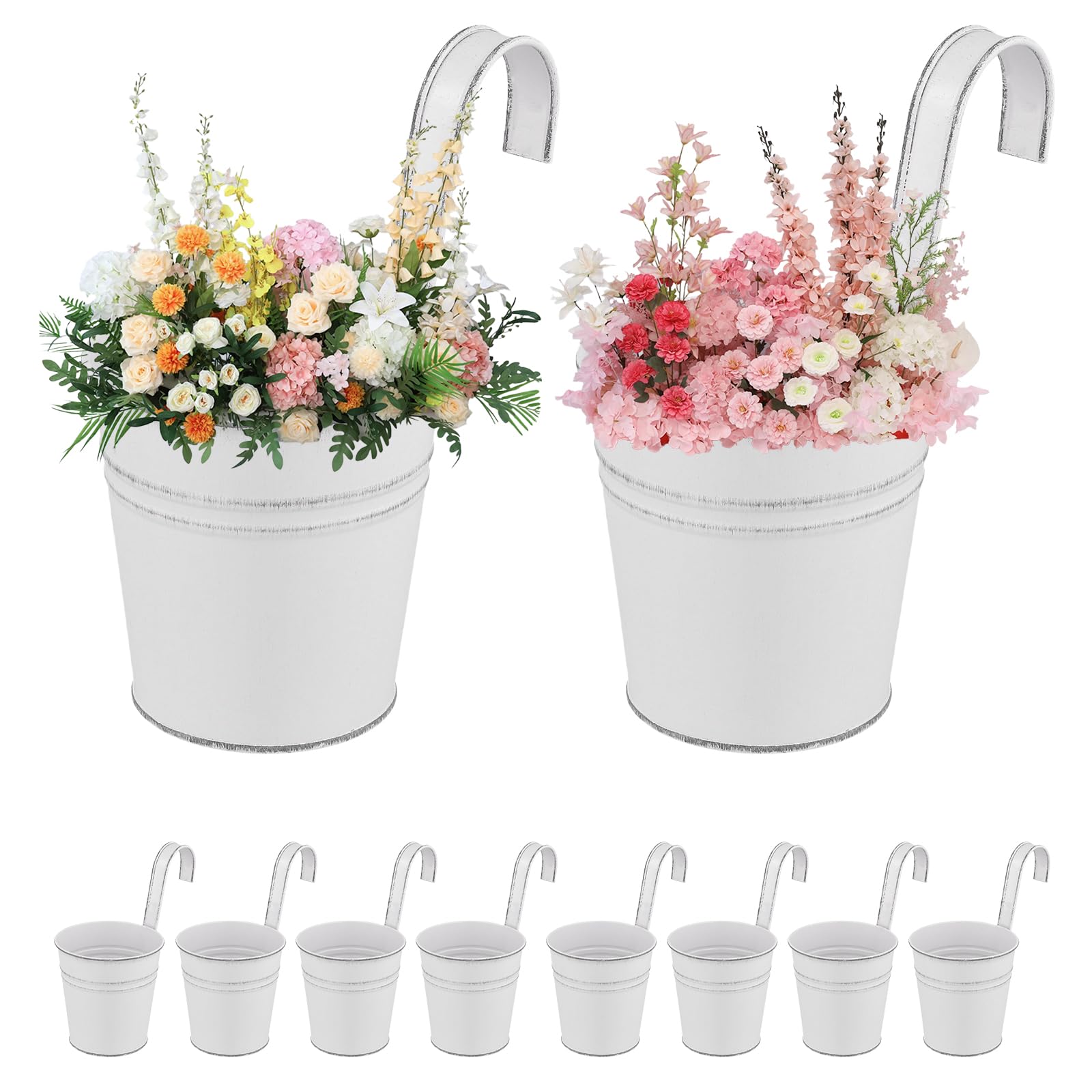 PINGEUI 10 Pcs Vintage Hanging Flower Pots, 10CM Metal Fence Hanging Plant Pot with Detachable Hook for Railing Balcony Fence Home Garden Decor, White